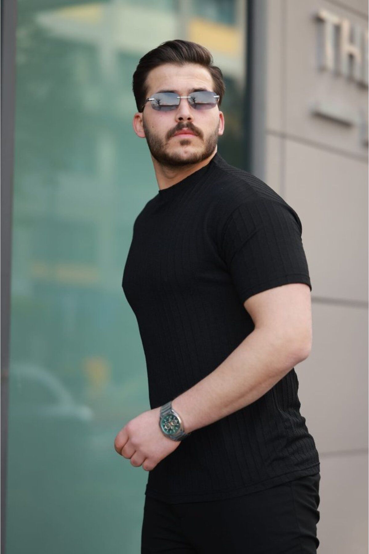 Gökyüzü Moda Erkek Kısa Kollu örgü Kumaş Bisiklet Yaka T-shirt