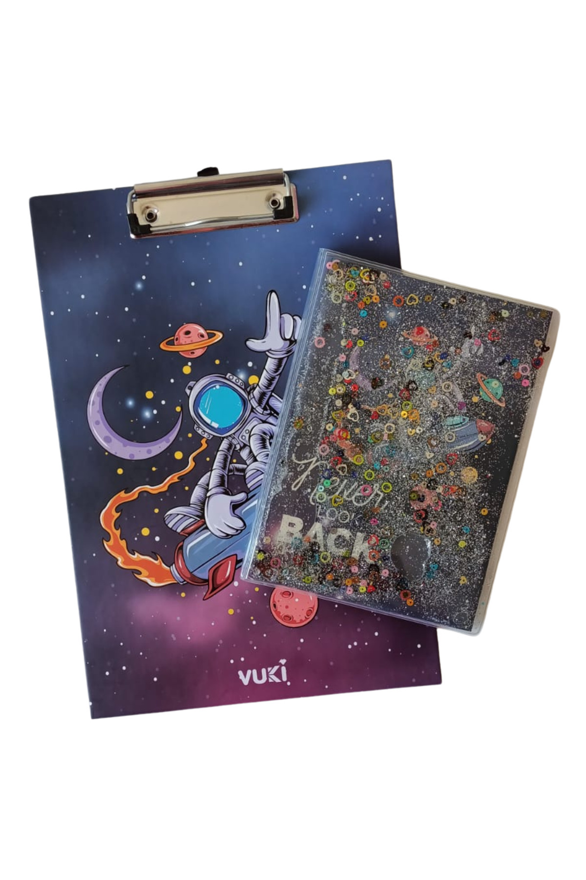 VUKİ Simli ve Sulu Kapaklı A5 Defter ve Sekreterlik 2'li Set - Astronot Desenli