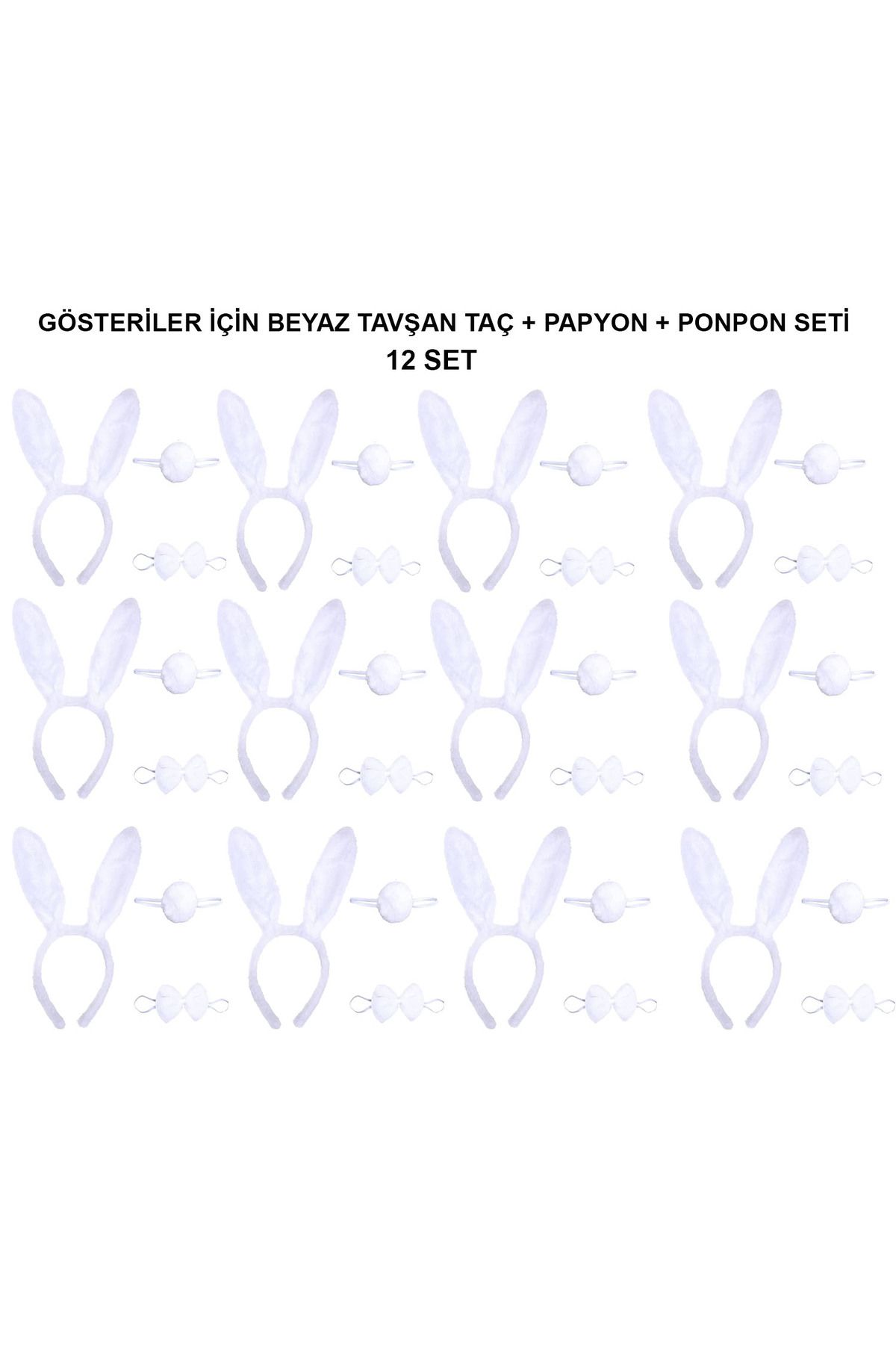 blueb Beyaz Tavşan Kostüm Seti - Taç, Papyon, Kuyruk (12 li Paket)