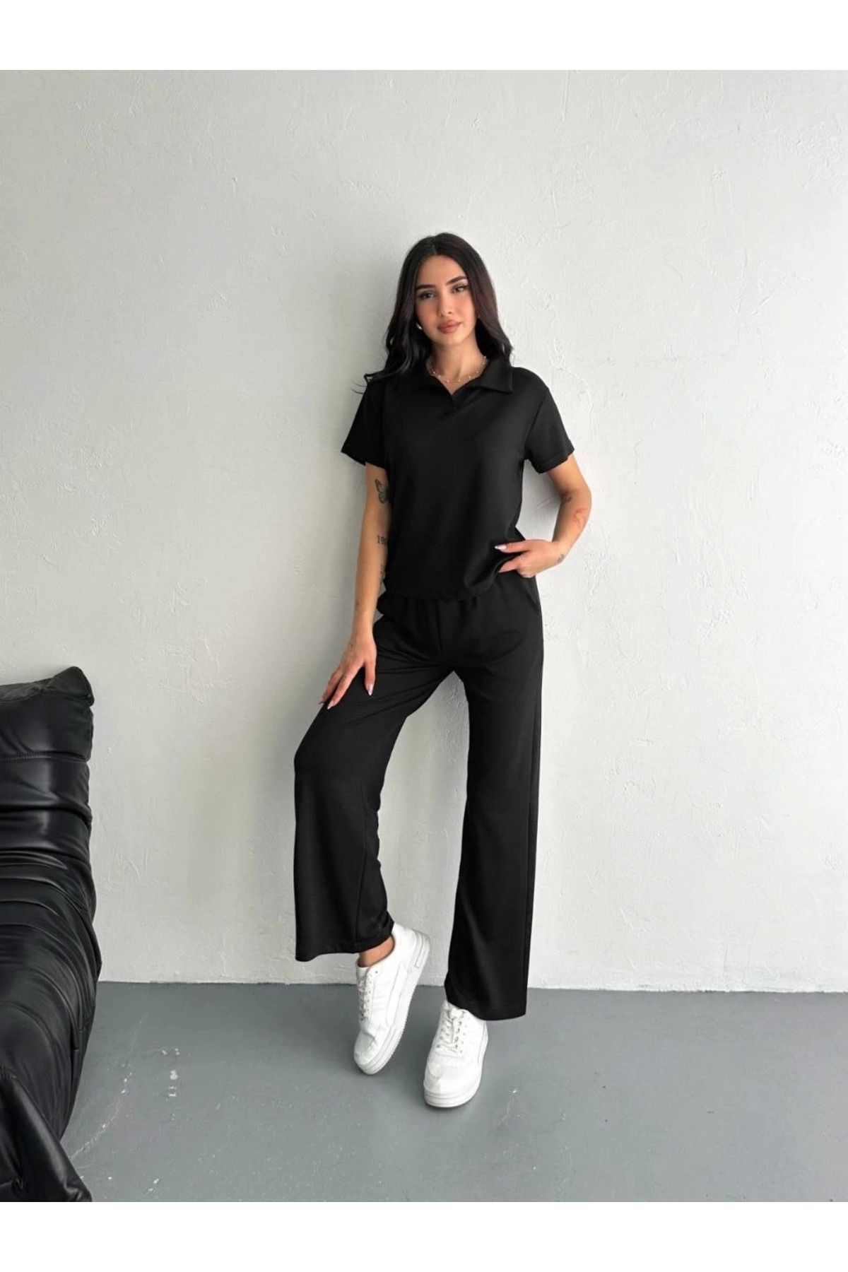 Tam12den Home Kısa Kollu Yakalı T-shirt Pantalon ikili Takım- Siyah