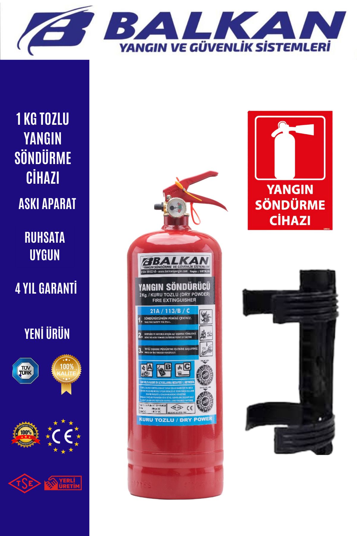 Balkan Ticaret 1 kg yangın söndürme cihazı+Levha+Askı aparatı