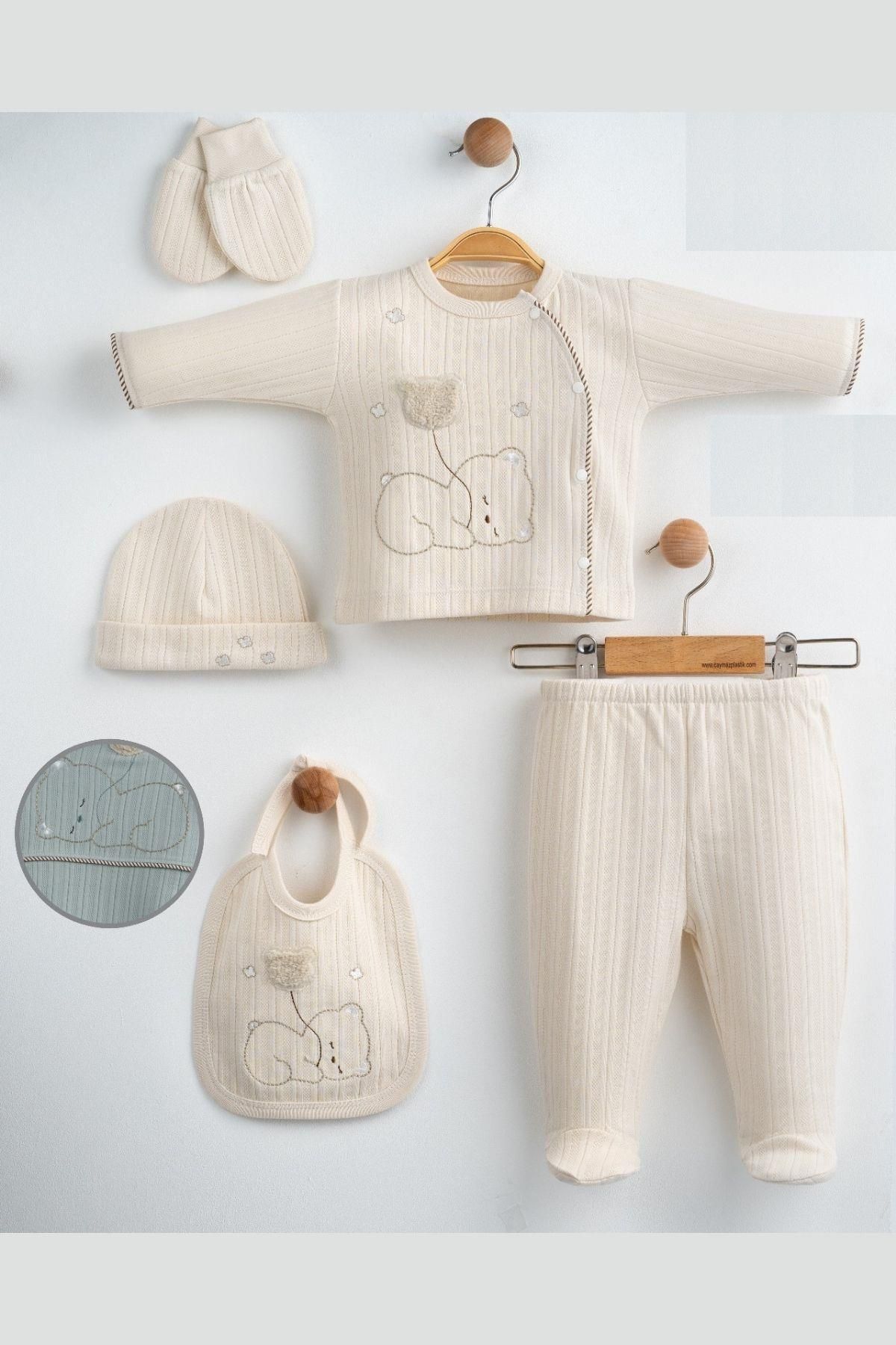 Cantoy Kız Erkek Bebek Uyuyan Ayıcık Desenli 5'li Hastane Çıkış Set