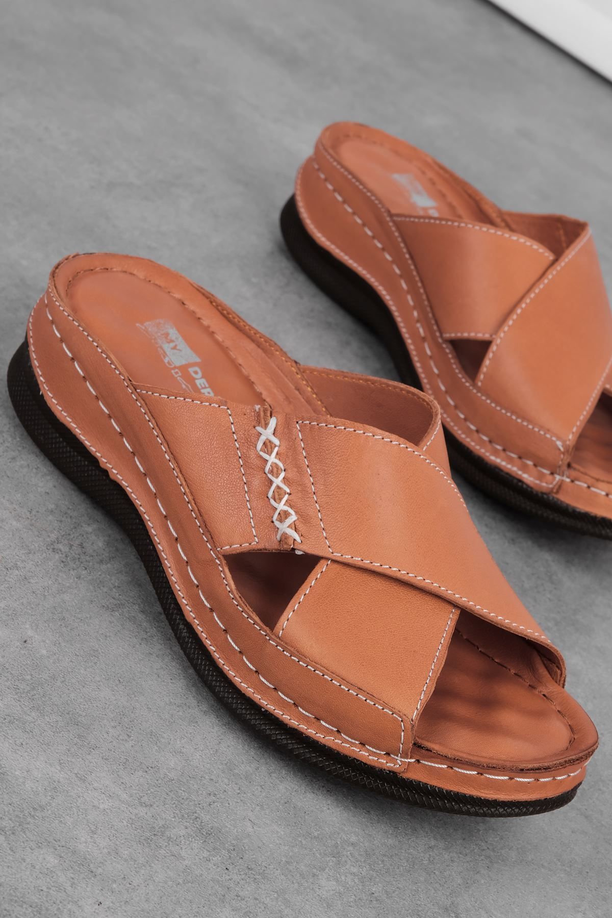 Lal Shoes & Bags-Delast Women's Genuine Leather Cross Band Detailed High-Sole Slippers-Tan 2