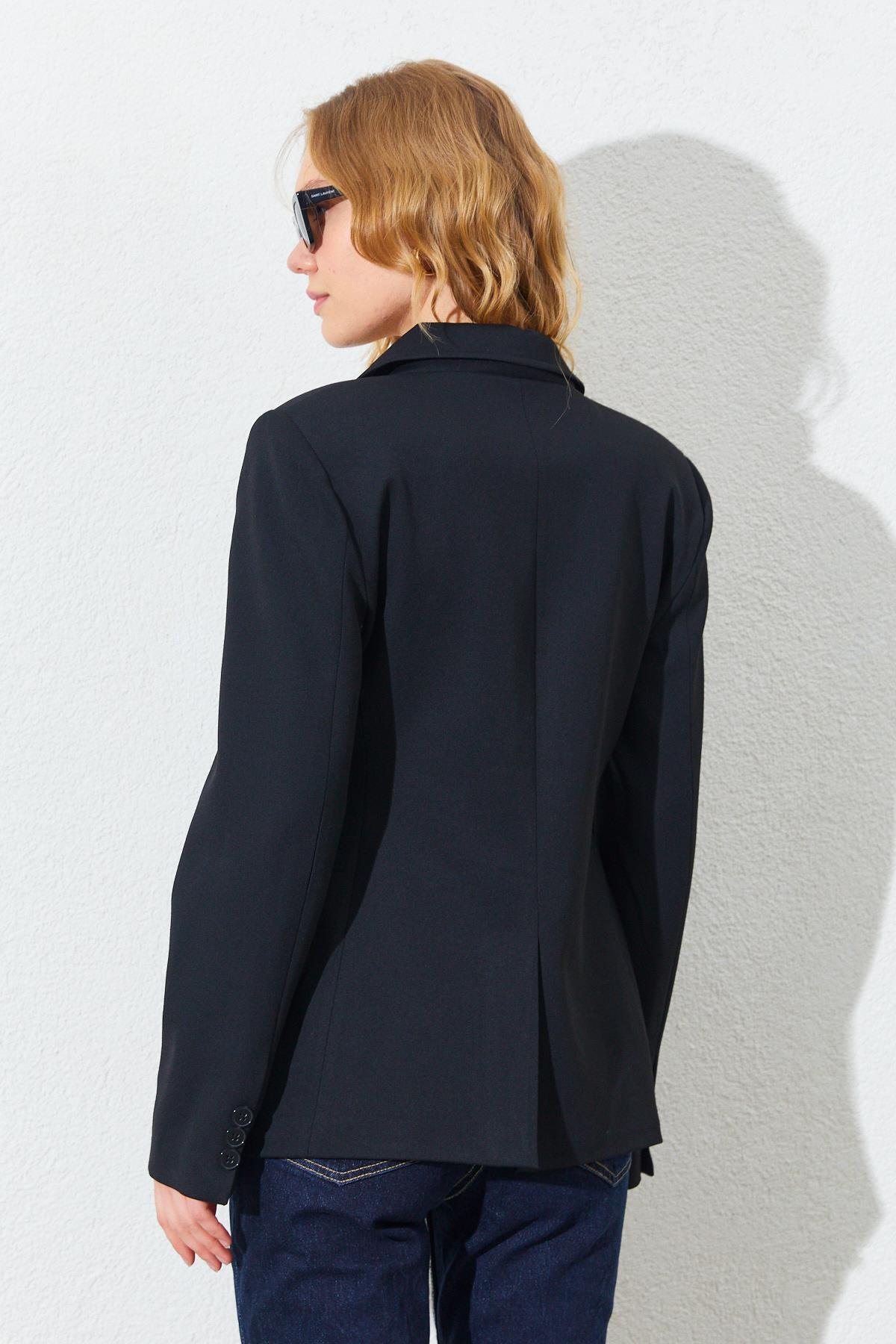 TENA-Women's Black Waist Fitted Double Button Blazer Jacket 7