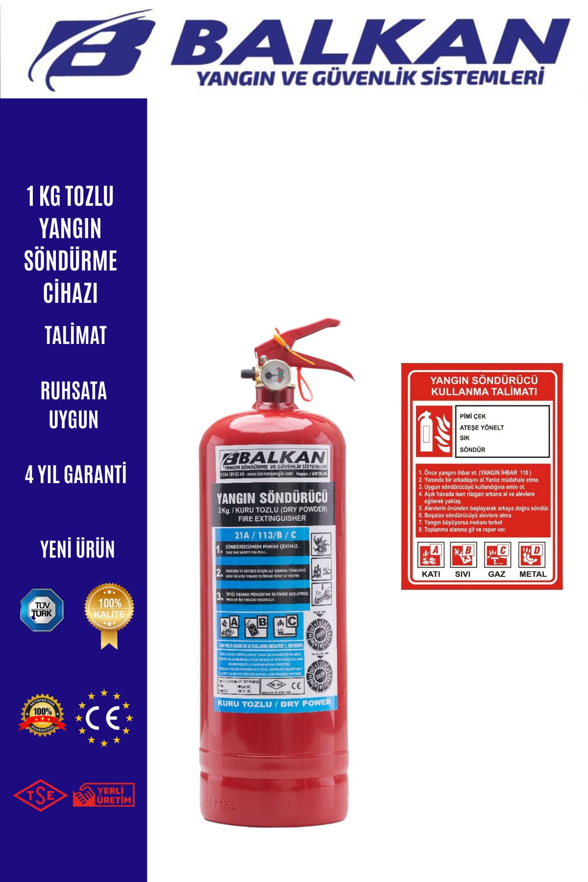 Balkan Ticaret 1 kg yangın söndürme cihazı+Talimat
