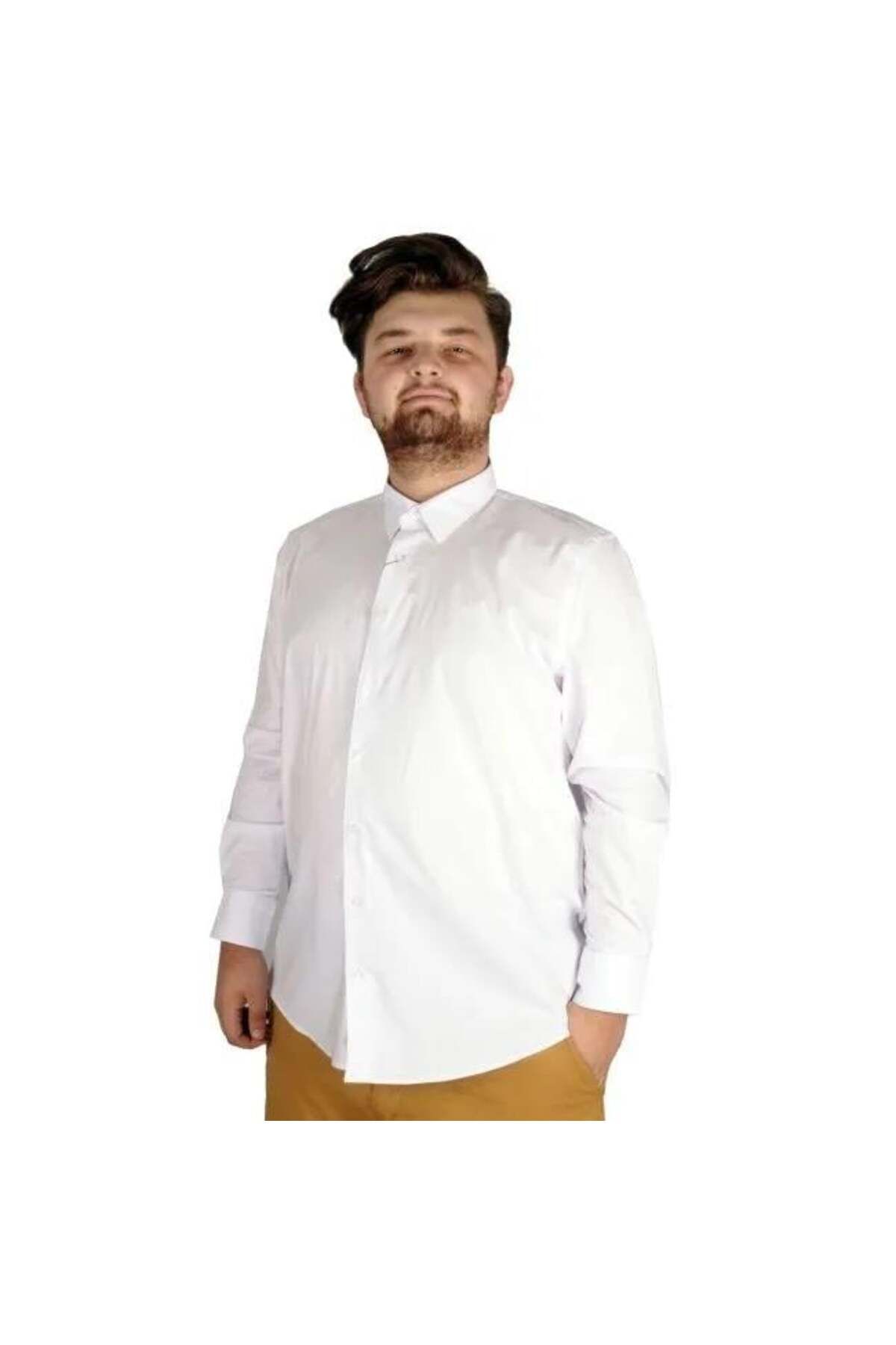 Globay Erkek Battal Uzun Kol Pamuklu Regular Fit Gömlek 20351-BEYAZ