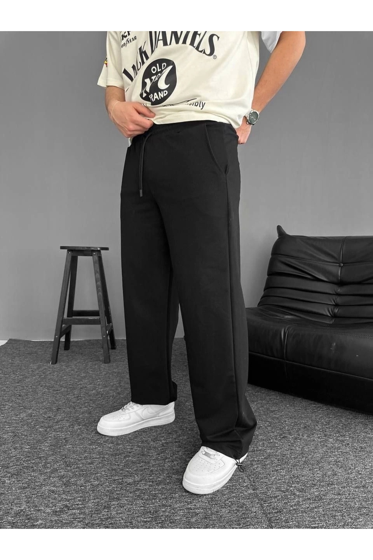 Tam12den Home-Two Thread Fabric Elastic Waist Pipe Leg Baggy Bottom Tracksuit - Black 3