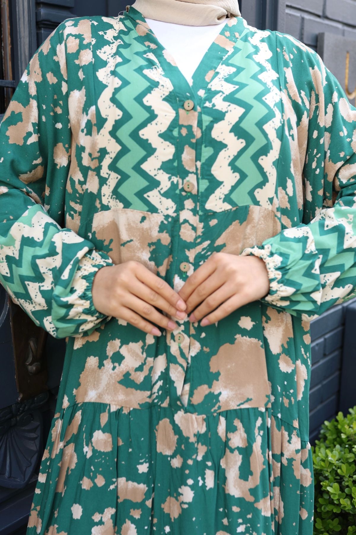 modessia-Rochie verde pentru femei, 100% bumbac, viscoză, cu decolteu în V, model Alaçatı, în straturi V898 2