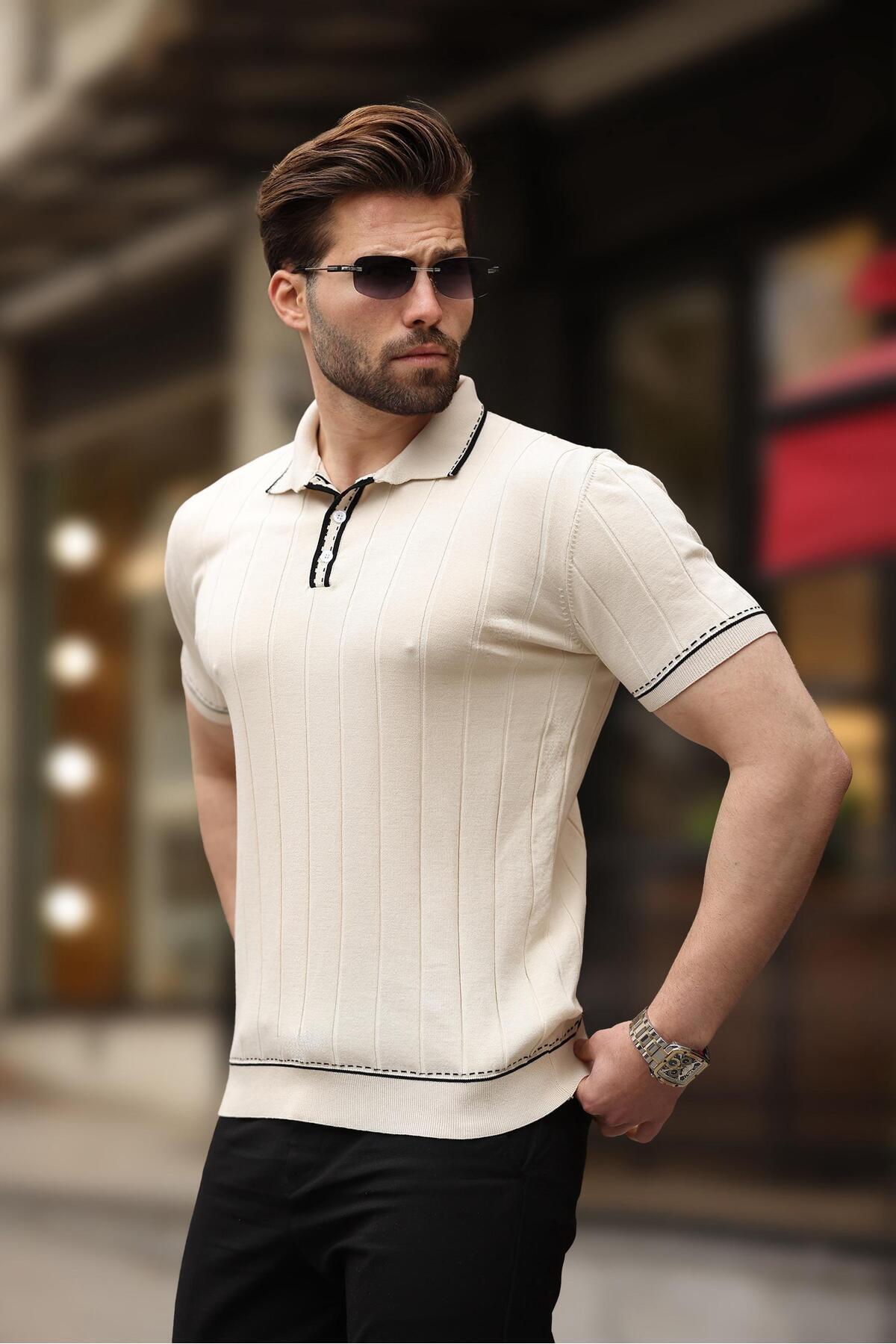 Madmext Ecru Buttoned Polo Neck Men's Knitwear T-Shirt E7408- Trendyol