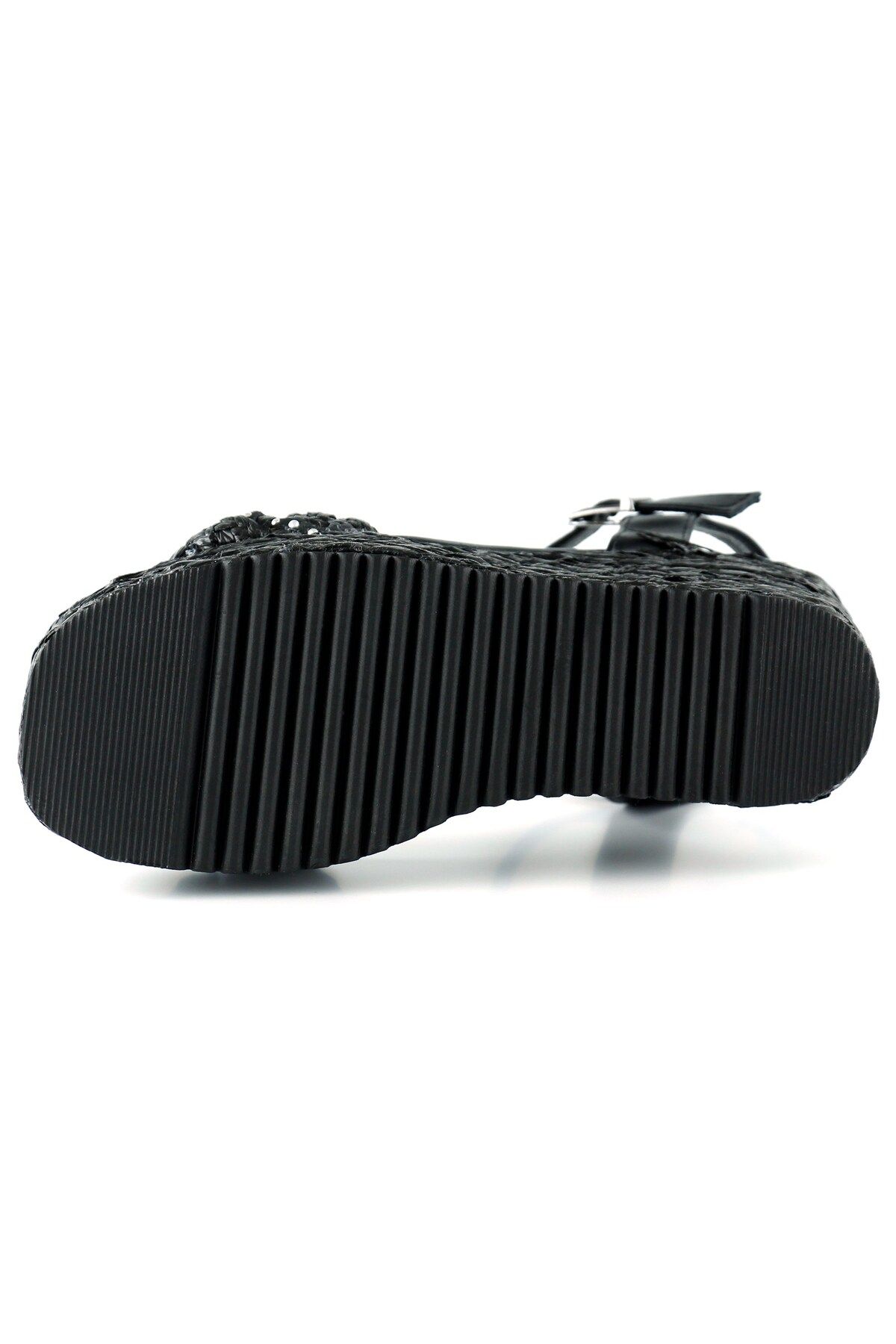 Erkan Saçmacı-Black Pearl Embroidered Buckle Straw Braid Look Wedge Heeled Sandals 5