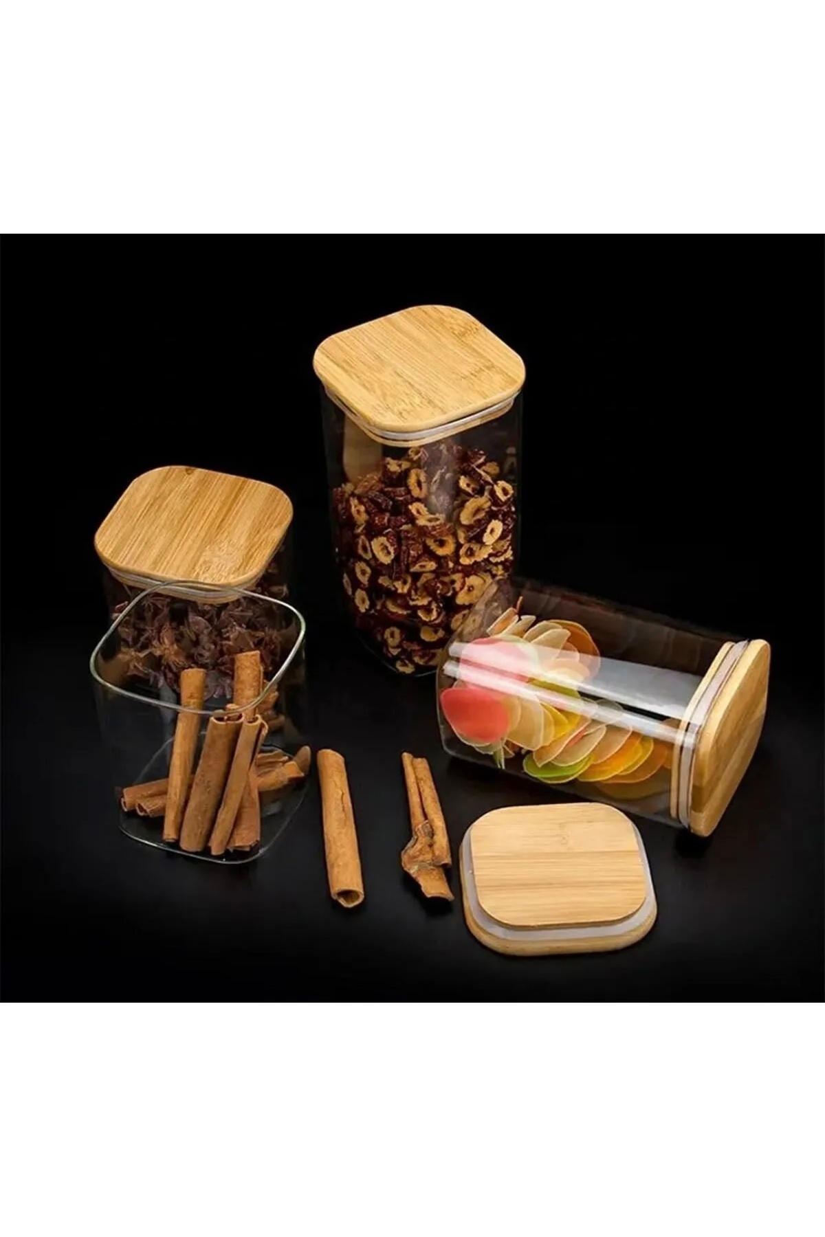 Kitchen Pembelia-Set of 4 Bamboo Vacuum Lids Borosilicate Glass Jars - Tea, Sugar, Salt and Coffee 3
