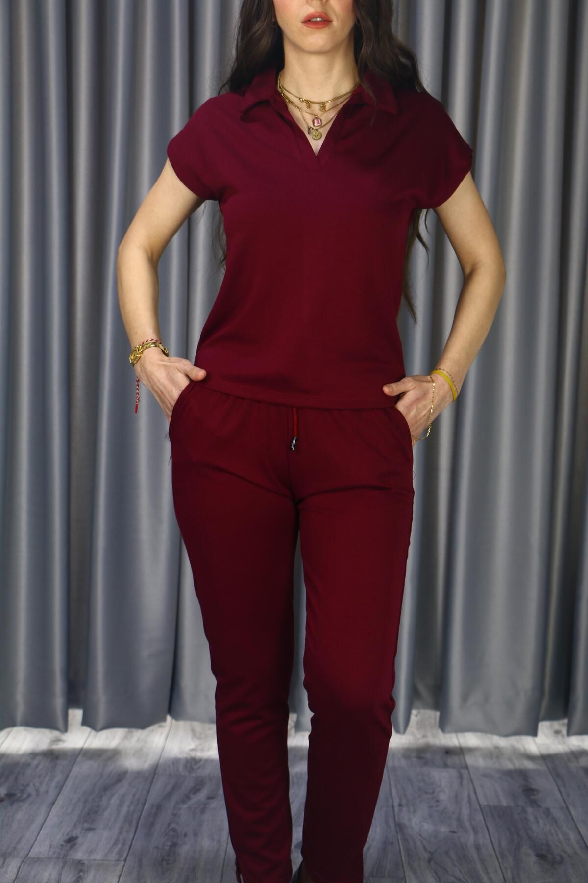 Giyimodam Kadın Modal Kumaş Premium Kalite Polo Yaka Kısa Kollu Jogger Beli Lastikli Bağlamalı Bordo Yazlık/Ba