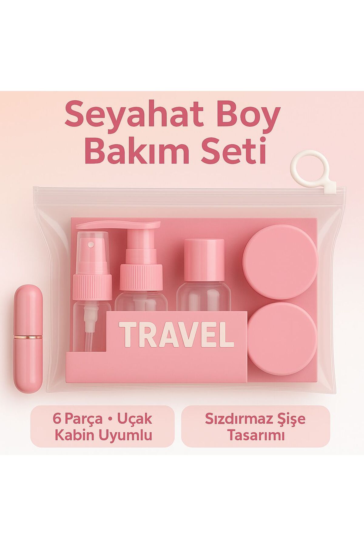 TARIK HOME 6 Parça Renkli Seyahat Bakım ve Kozmetik Seti, Uçak Kabin Uyumlu, Parfüm Şişeli