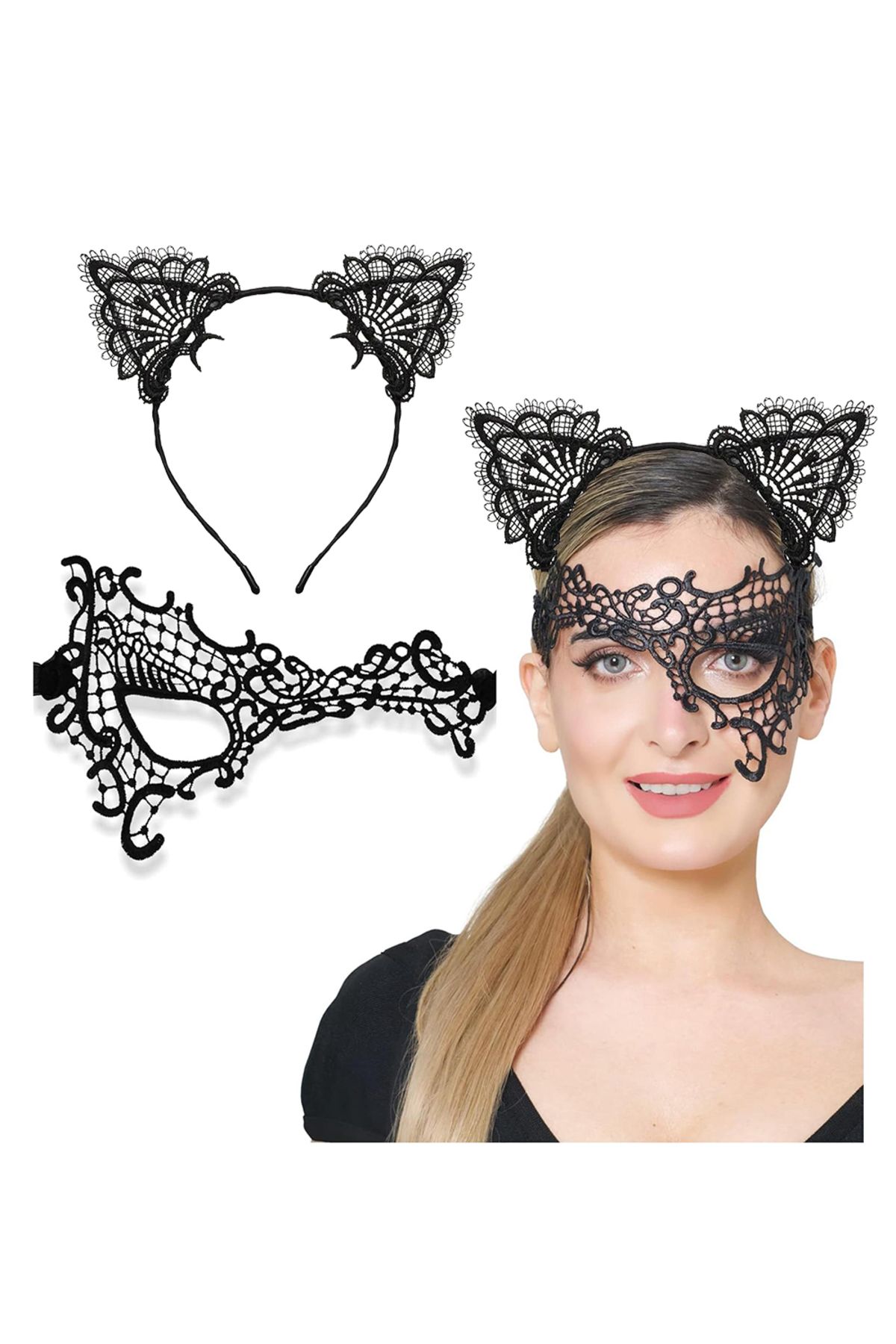 Mu Art Siyah Dantel Maske ve Kulak Taç Seti No 13