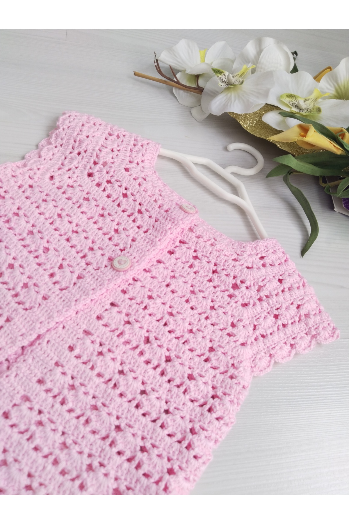 8 Ekim Tasarım Atölyesi 0_1 Yaş Örgü Tarz Pembe Bebek Yelek fotoğrafı 3 (önizleme)