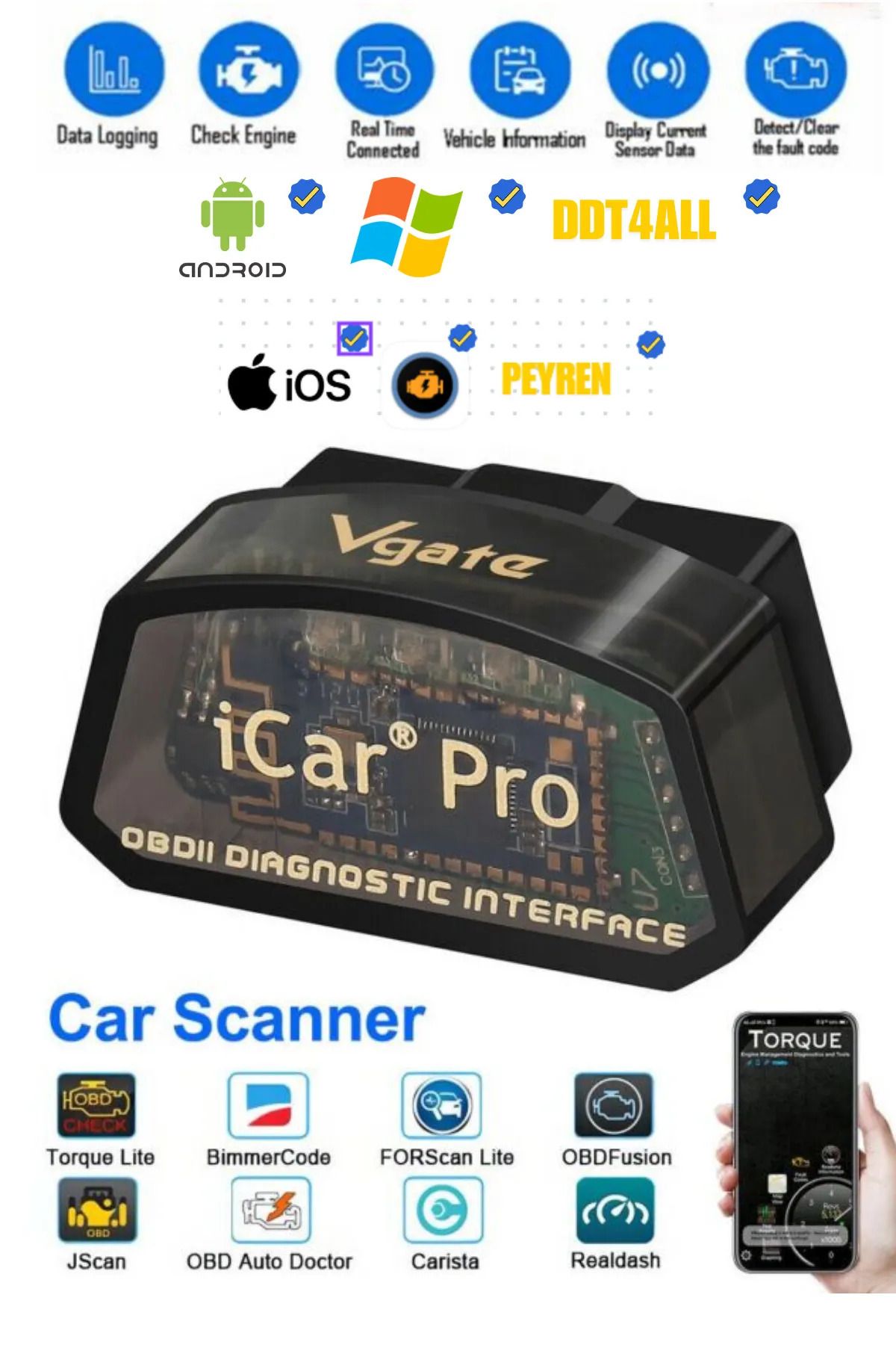 MRY OTO AKSESUAR İcar Pro 2.3V Bluetooth 4.0 Dual Sürüm İos Android Uyumlu Arıza Tespit Cihazı