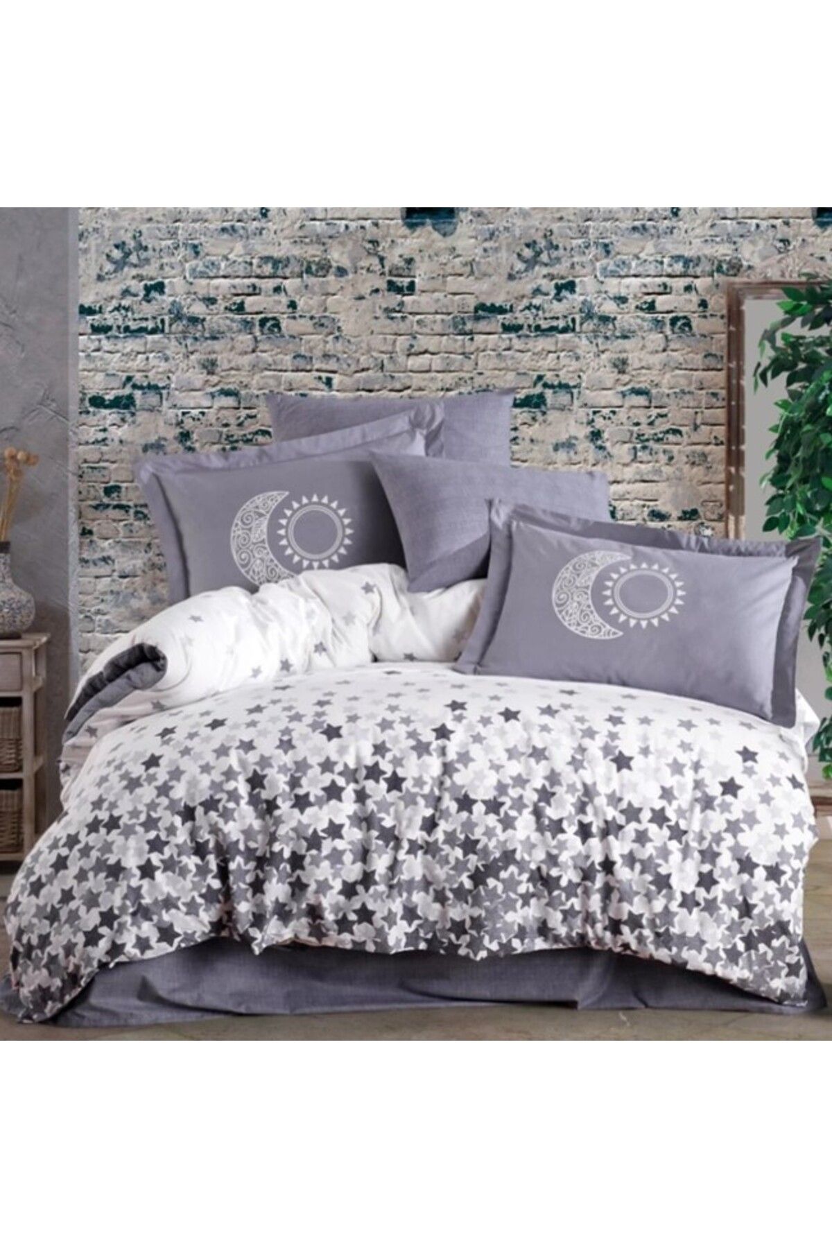 doremodam Çift Kişilik Poplin Nevresim Stars Gri - 672192-1453