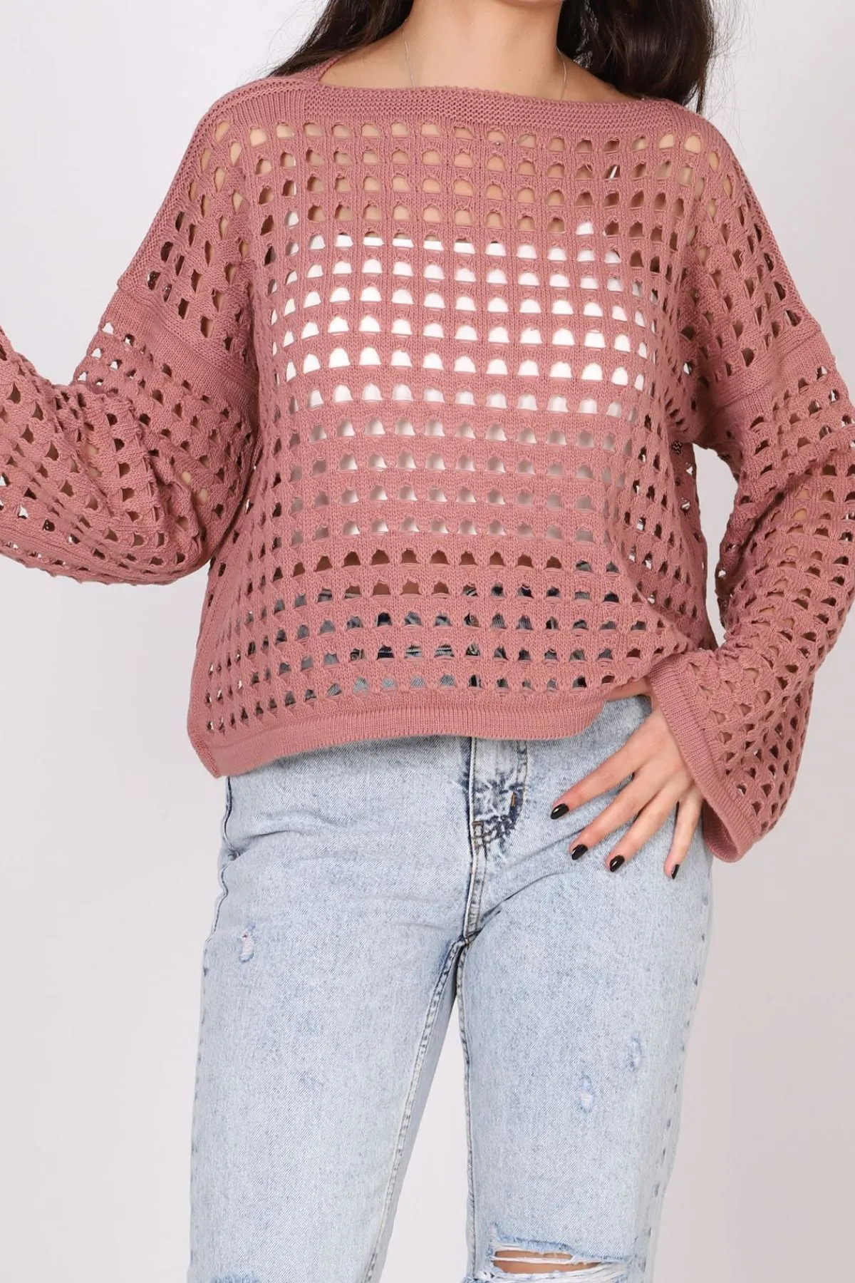 GM Butikk-Women's Depox Spanish Sleeve Wide Collar Openwork Loose Hole Crop Knitwear Blouse 1
