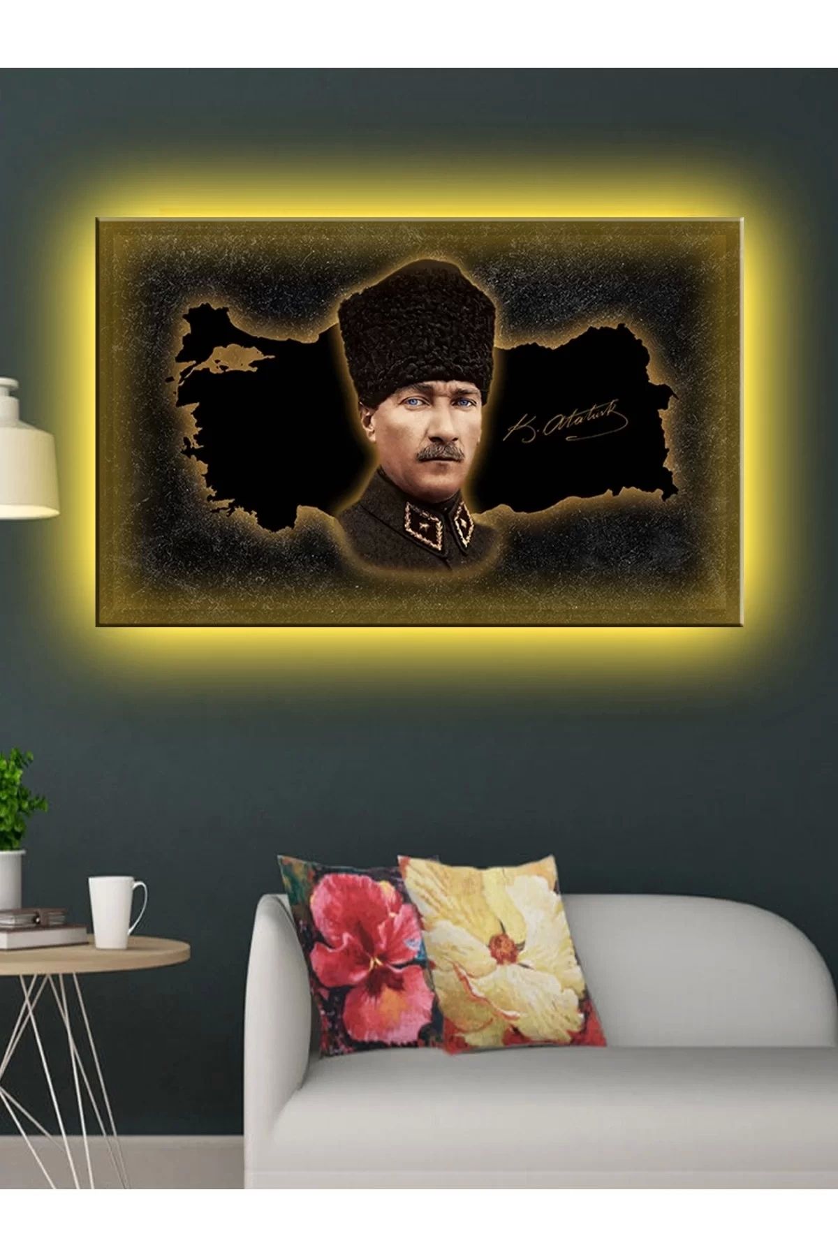 feifei Led Işıklı Atatürk Ve Türkiye Haritası Kanvas Tablo
