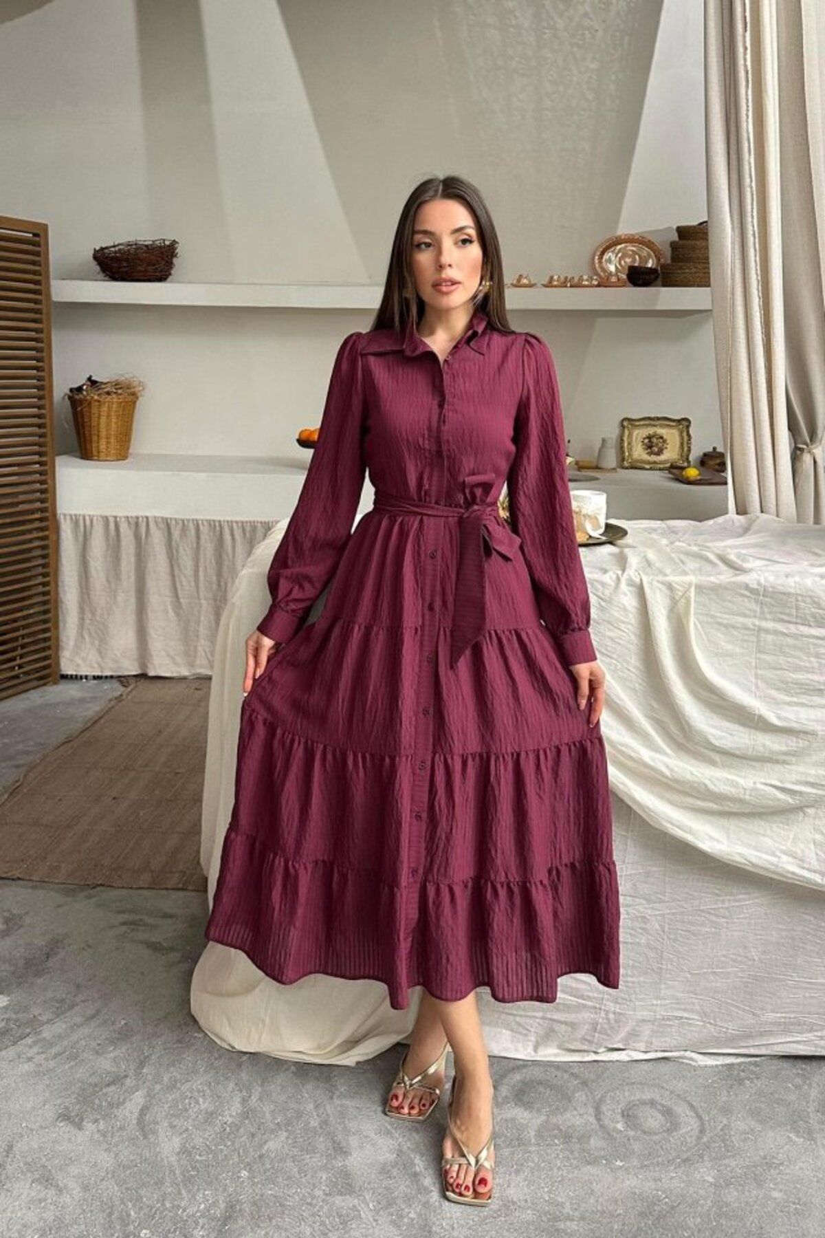velmorafashion Bordo Çizgi Desenli Uzun Elbise
