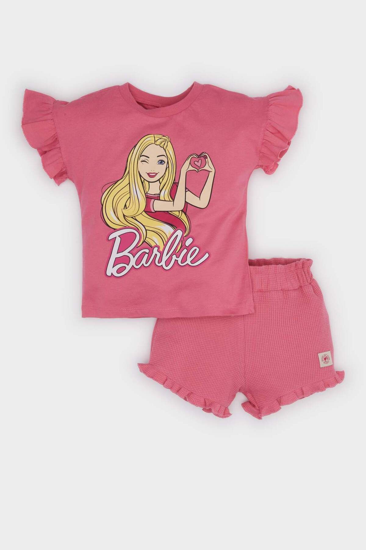 DeFacto Kız Bebek Barbie 2li Takım Kısa Kollu Tişört Beli Lastikli Şort E9128A525SM