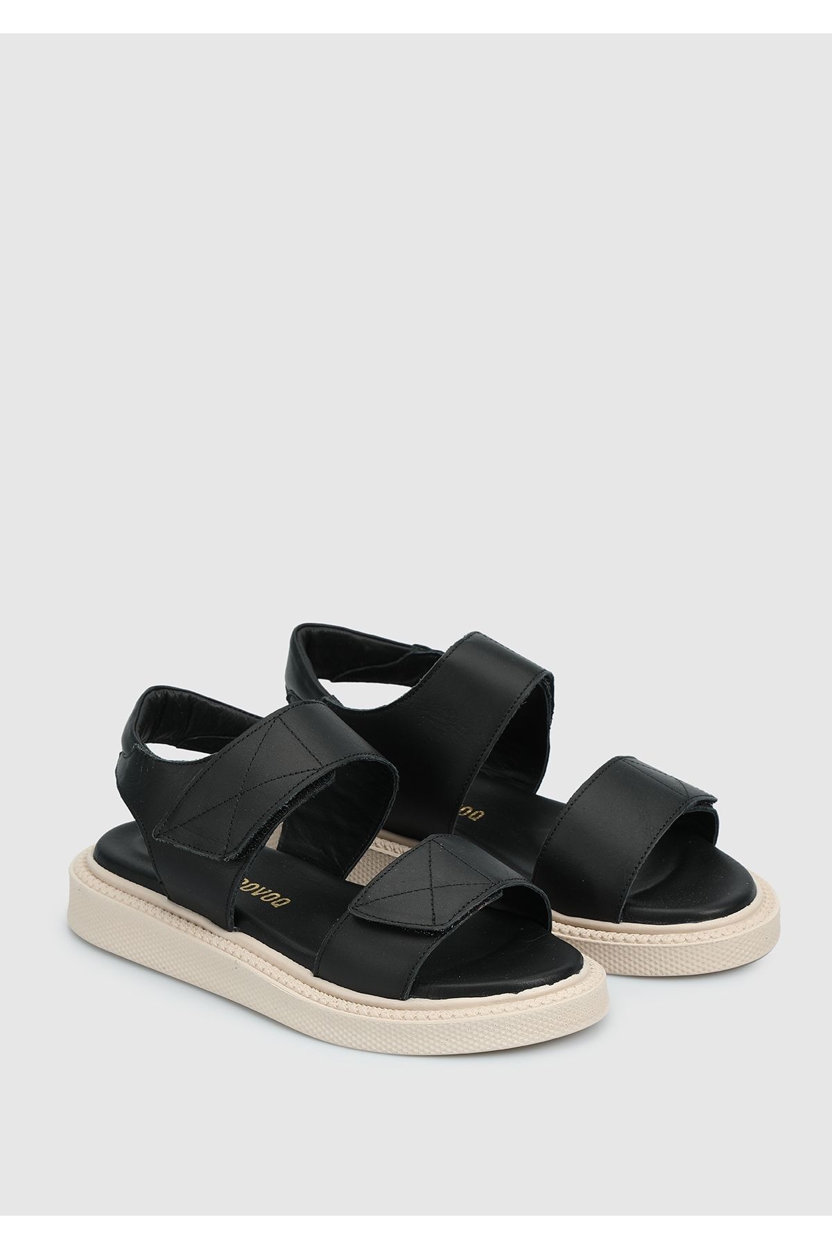 Provoq-Black Leather Women's Flat Sandals 2