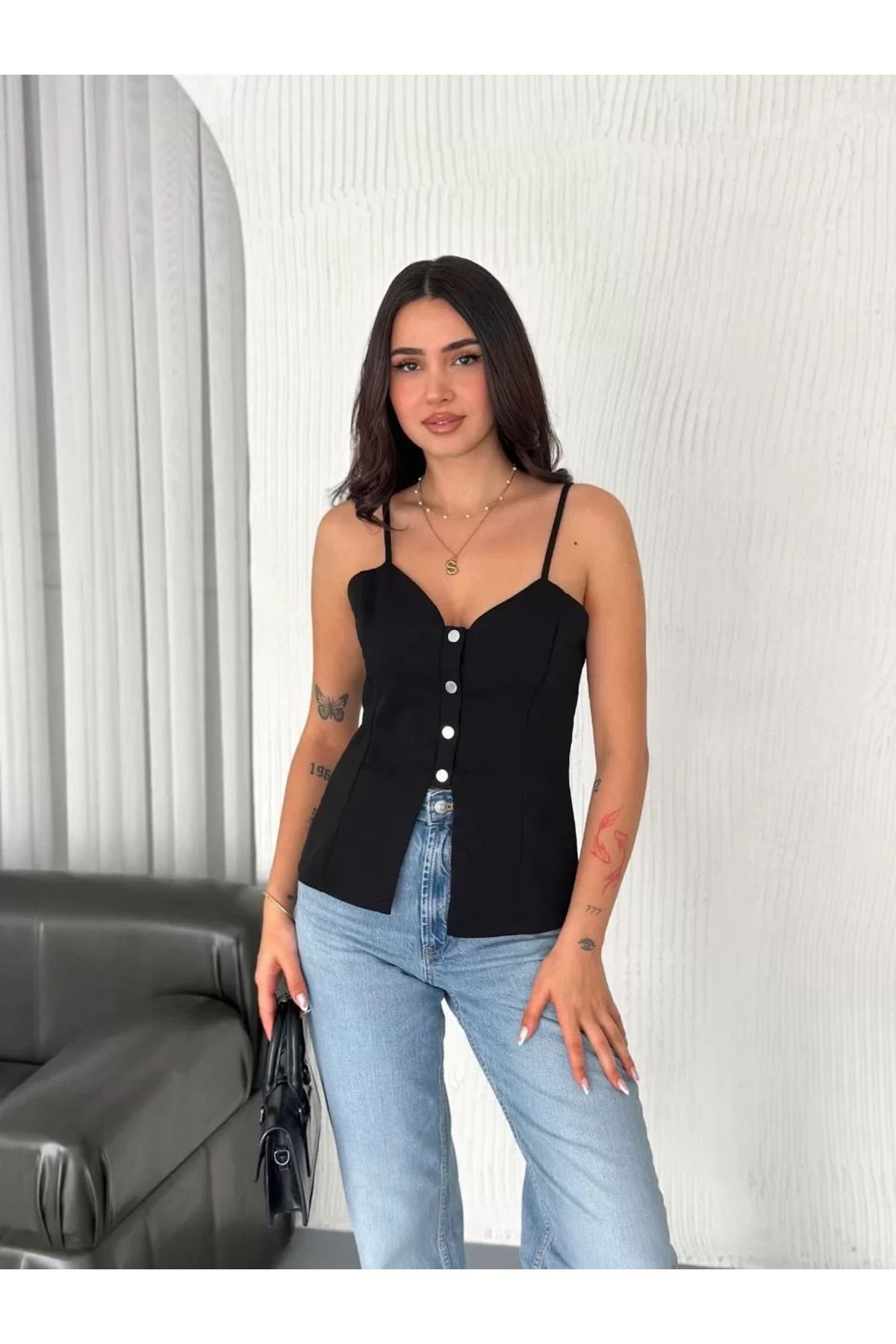 SA Alişveriş Dünyam Askılı Dekolte deraylı bluz crop - Siyah