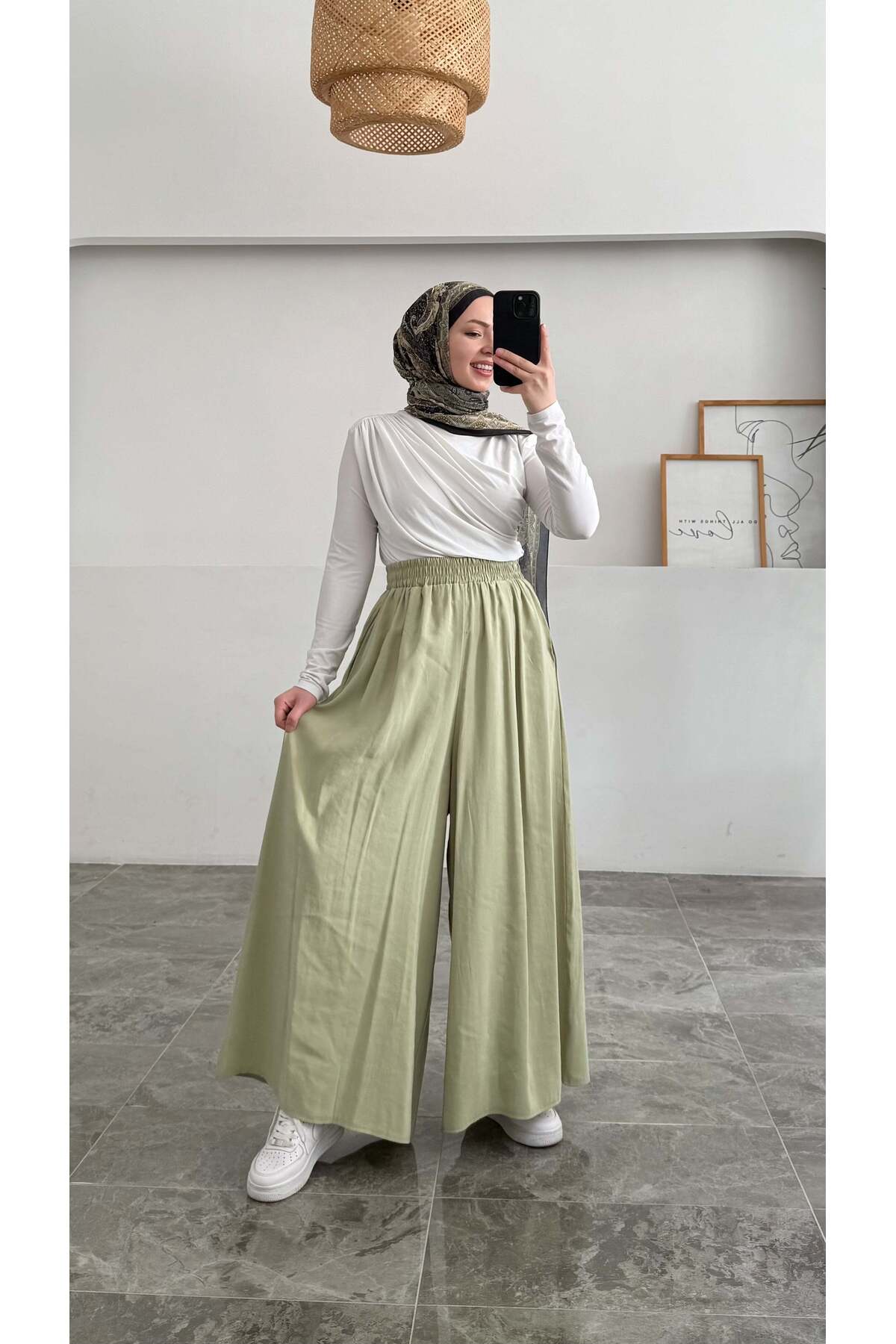 Hatun Atila  Beli Lastikli Geniş Paça Modal Etekli Pantolon - Su Yeşili - Görsel 3