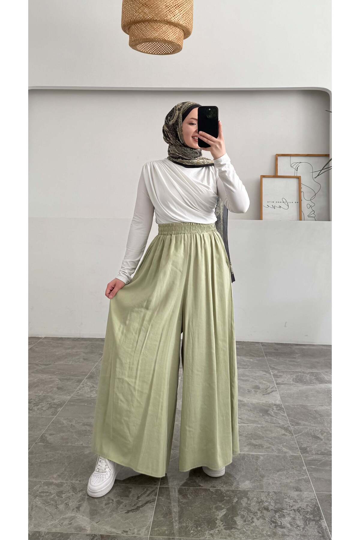 Hatun Atila  Beli Lastikli Geniş Paça Modal Etekli Pantolon - Su Yeşili - Görsel 5