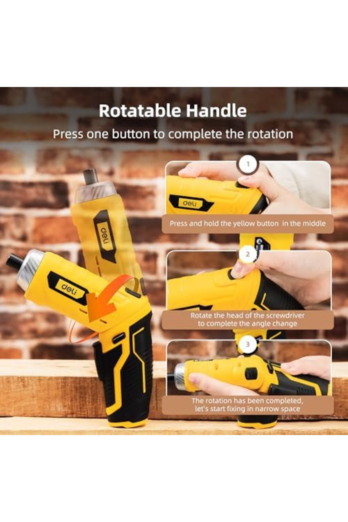 Deli-Cordless Screwdriver Set with Rotatable Handle, Auto LED Light, and Rechargeable Design 4