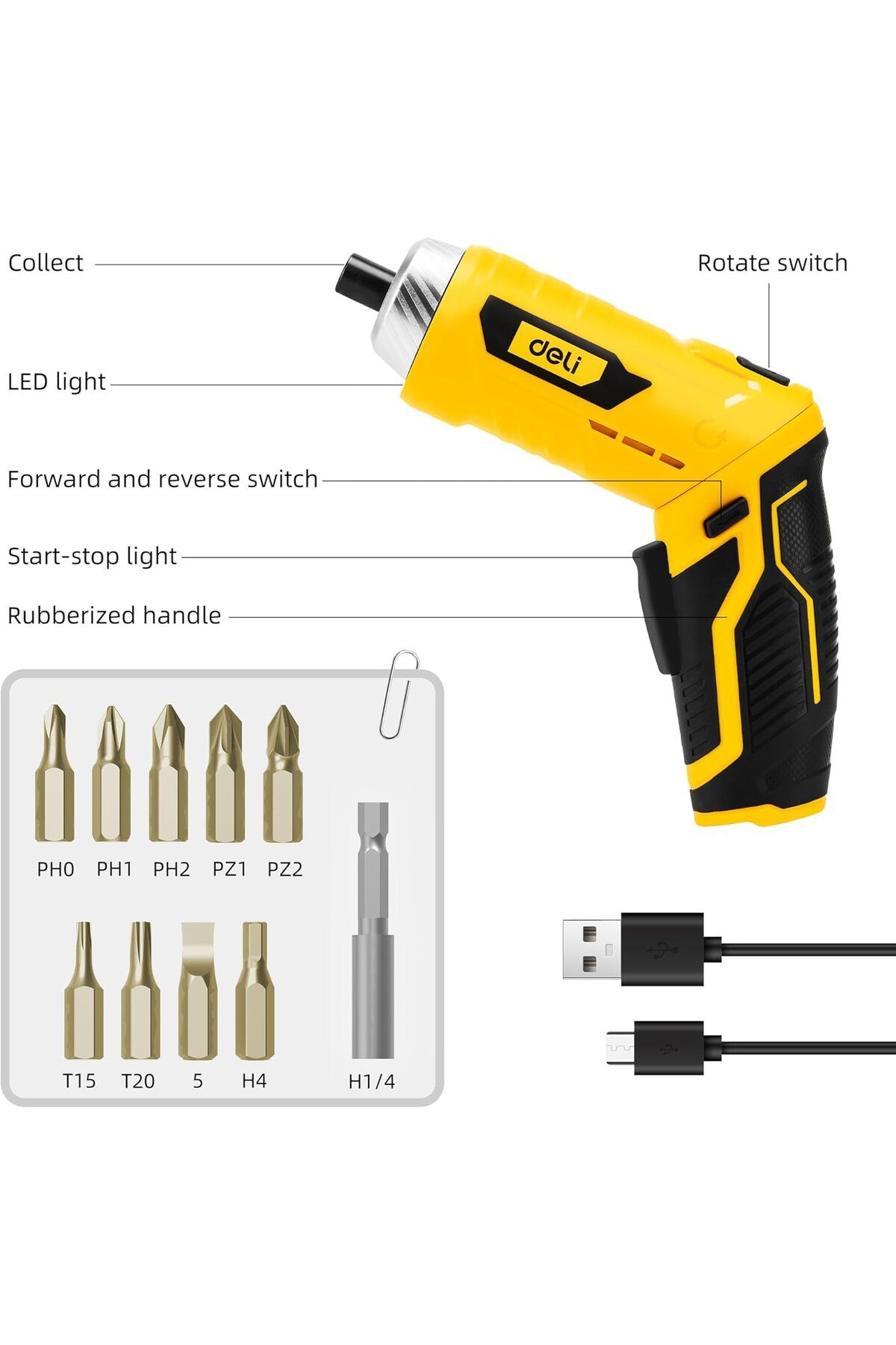 Deli-Cordless Screwdriver Set with Rotatable Handle, Auto LED Light, and Rechargeable Design 9