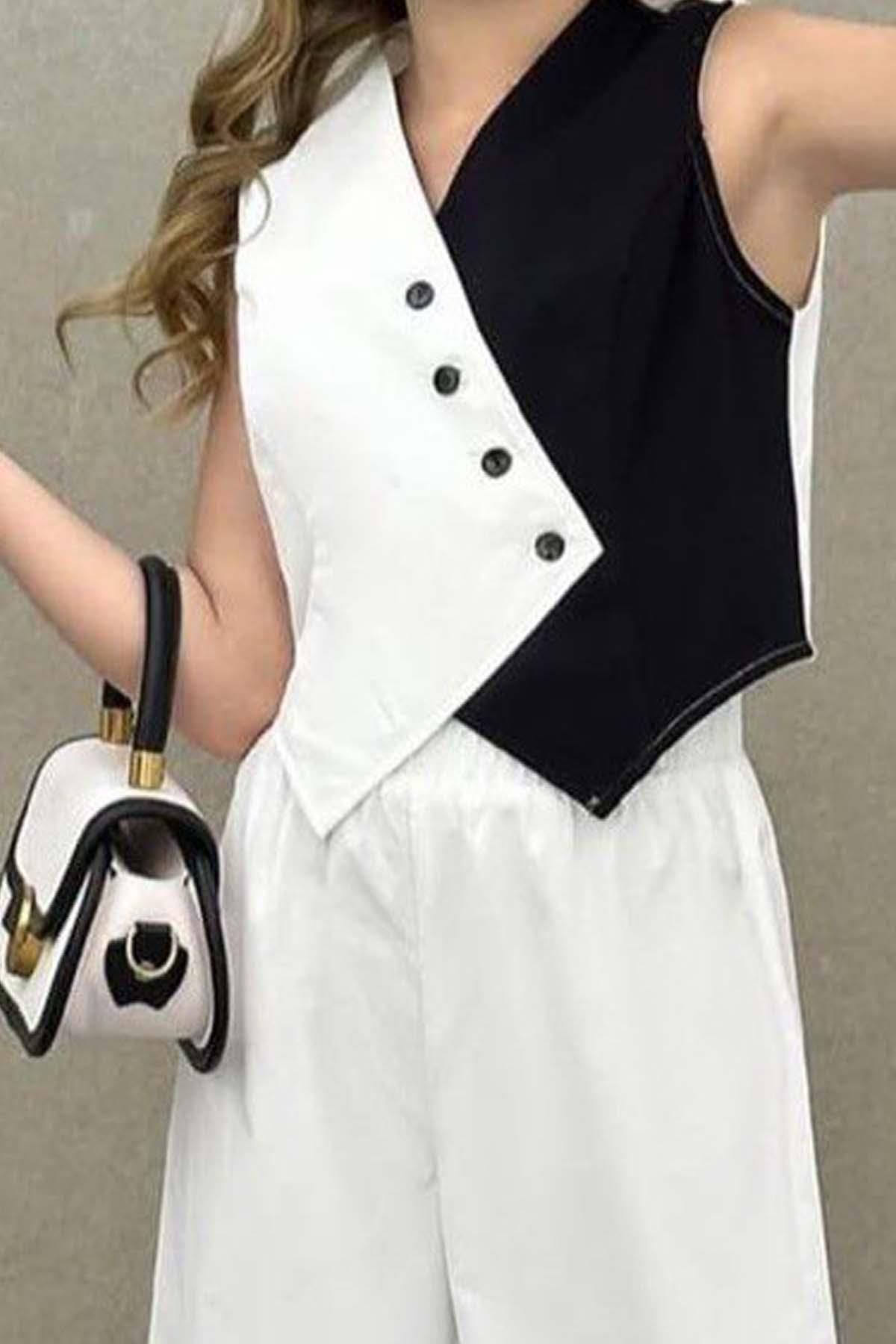 Riccotarz-Girl Asymmetrical Cut Double Color Vest Palazzo Pants Bottom Top Set 4