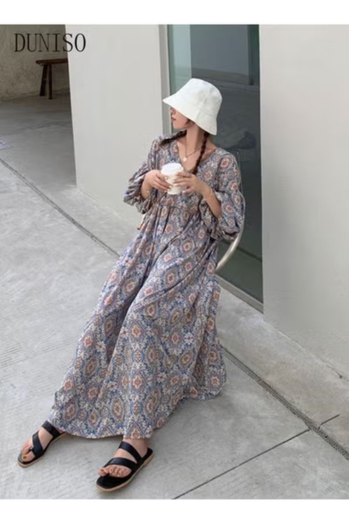 Generic-Women's Long Skirt Summer Casual Elegant Short-sleeved Floral Long Skirt V-neck Pleated Long Skirt 3