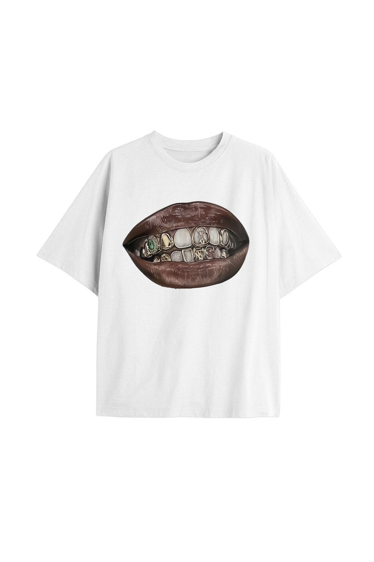 FoxSkin Sportswear&Company Beyaz One Grillz Tişört - Baskılı Oversize Yazlık T-Shirt Bisiklet Yaka