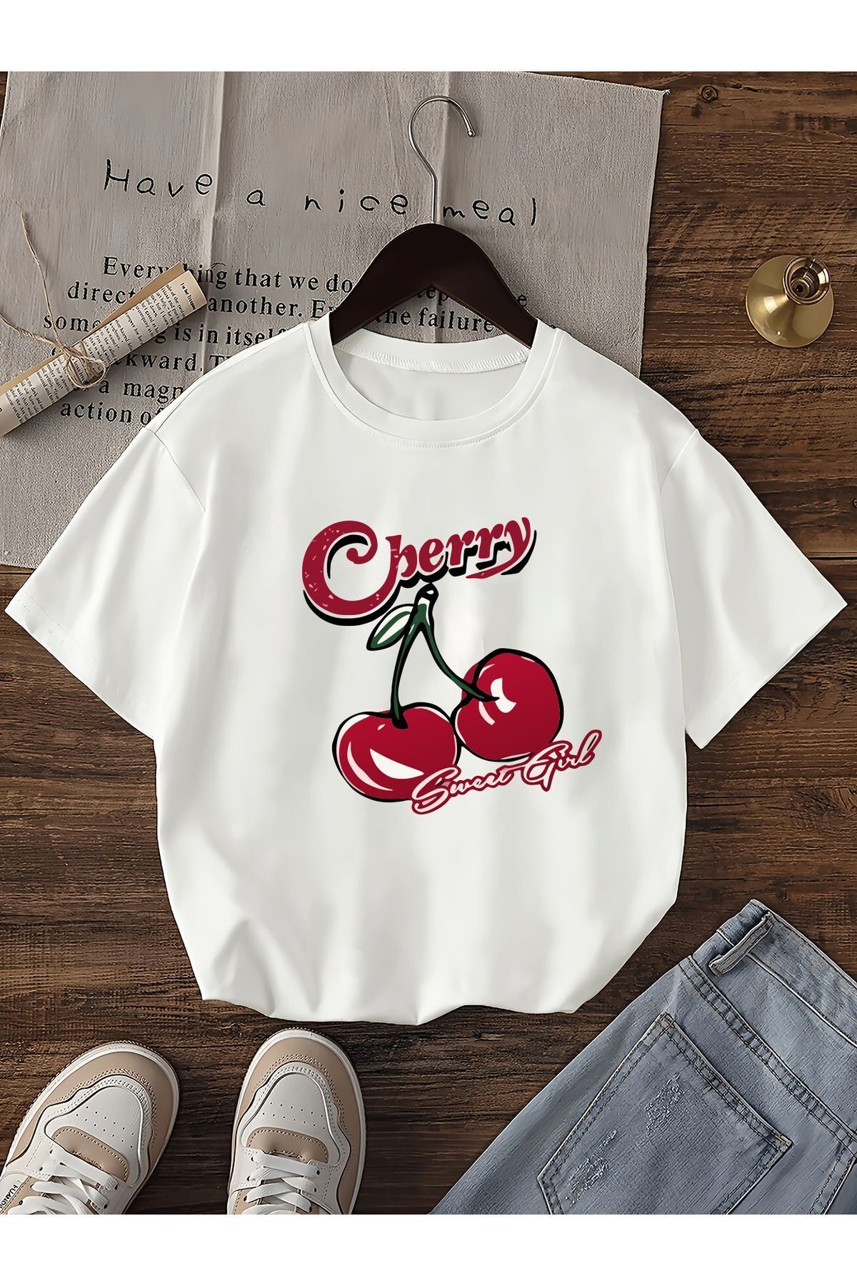 FoxSkin Sportswear&Company Cherry Tasarım Çocuk Tişört - Beyaz Baskılı Oversize Yazlık Kısa Kol T-Shirt Bisiklet Yaka