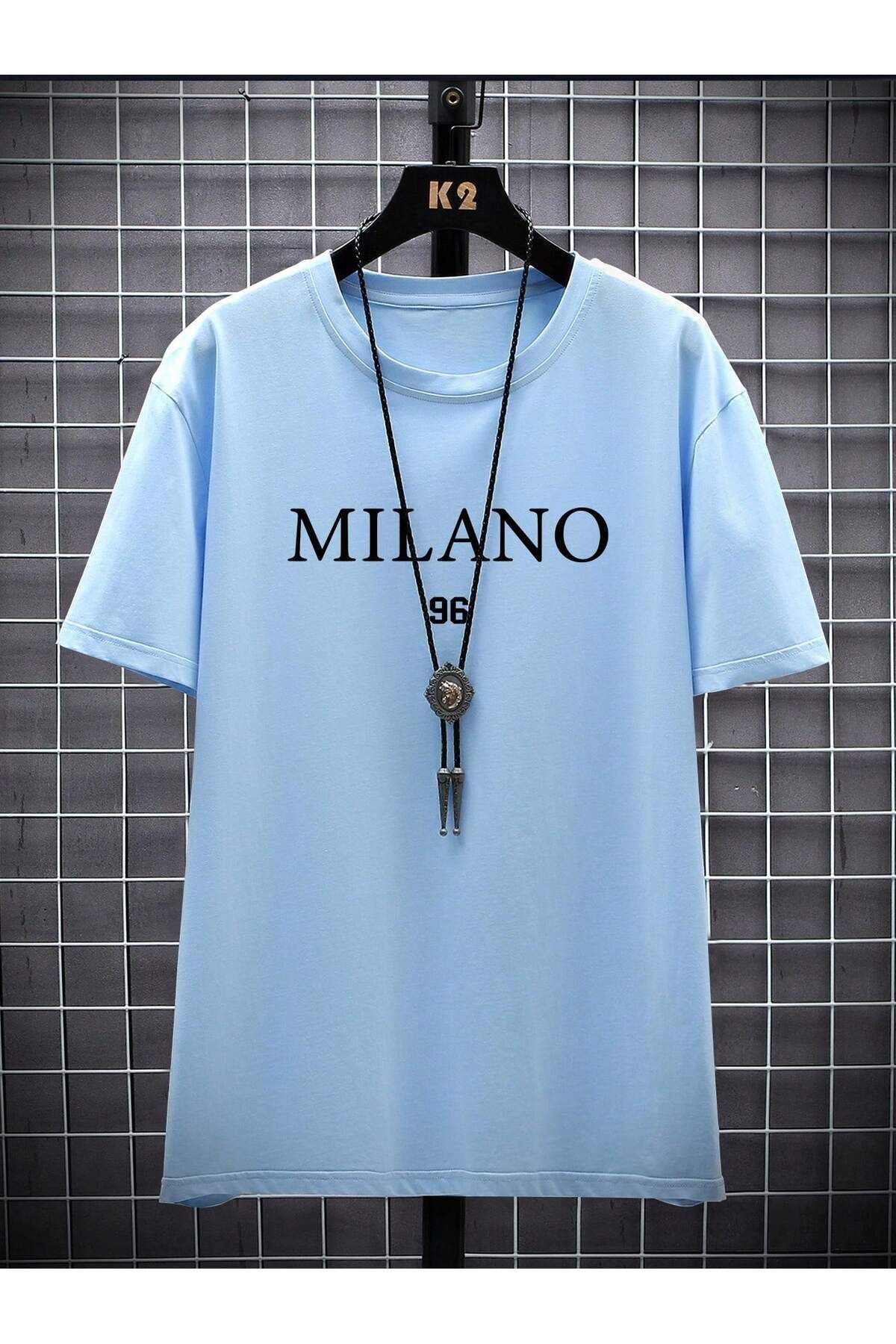 FoxSkin Sportswear&Company Milano Tişört - Bebe Mavi Baskılı Oversize Yazlık Kısa Kol T-Shirt Bisiklet Yaka