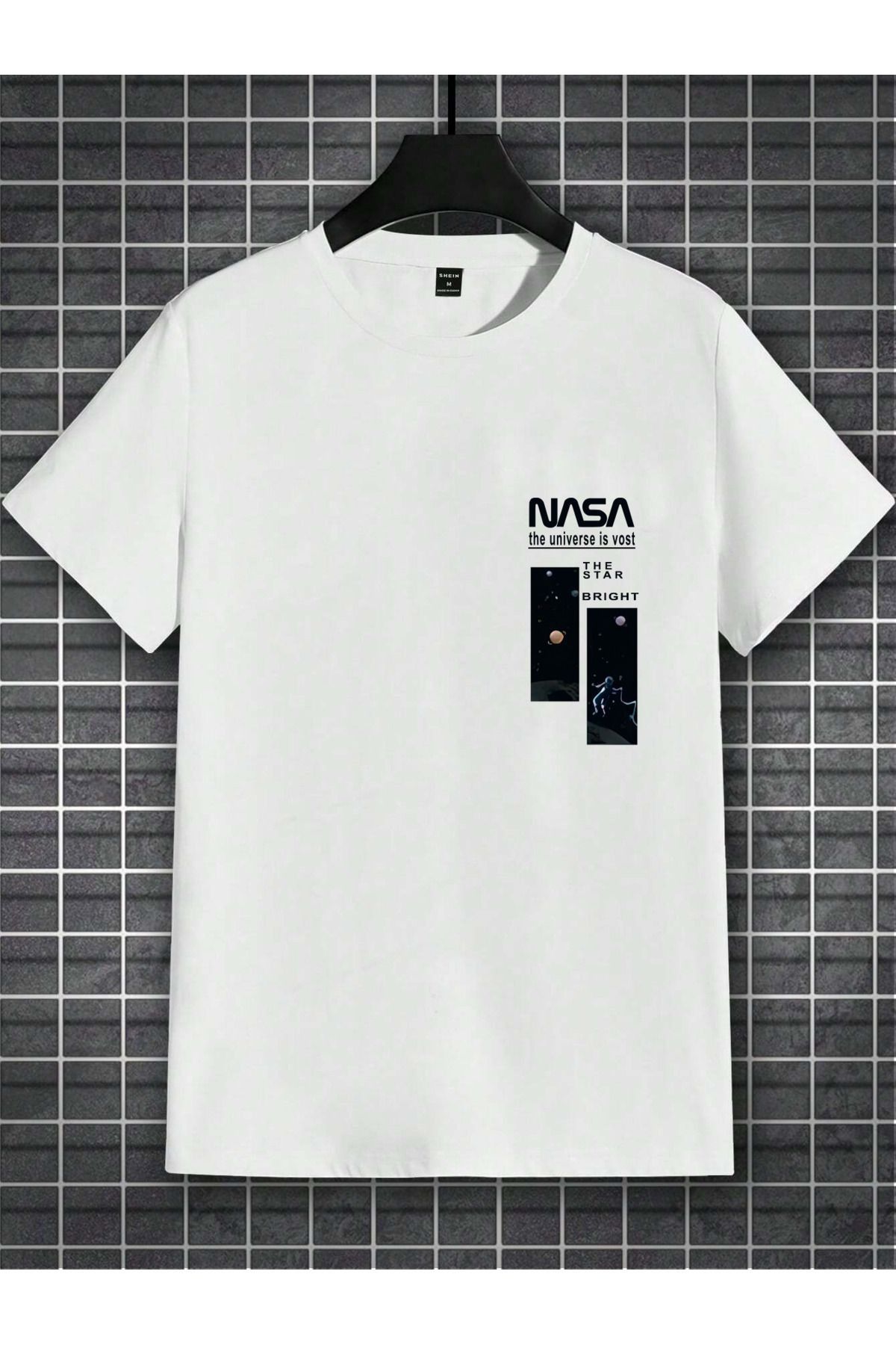FoxSkin Sportswear&Company Nasa Bright Baskılı T-shirt - Beyaz Oversize Baskılı Bisiklet Yaka