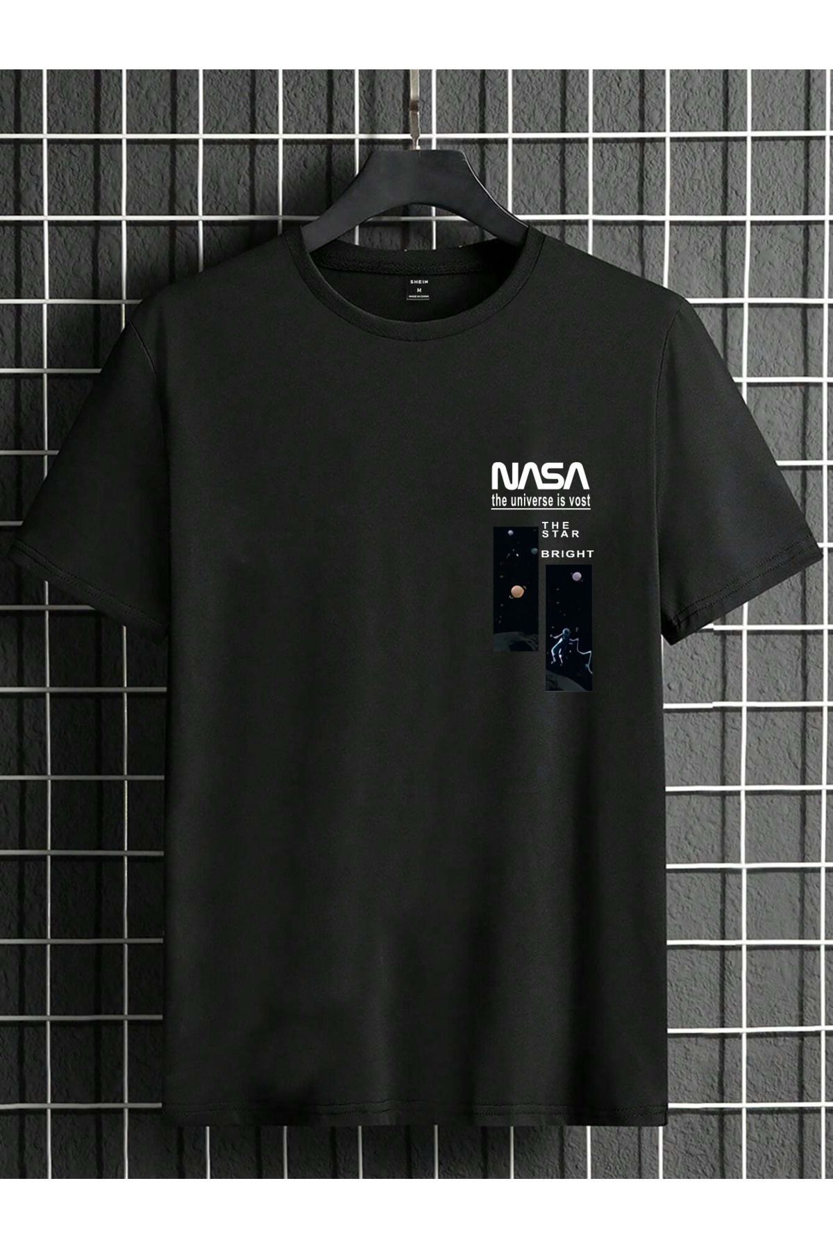 FoxSkin Sportswear&Company Nasa Bright Baskılı T-shirt - Siyah Oversize Baskılı Bisiklet Yaka