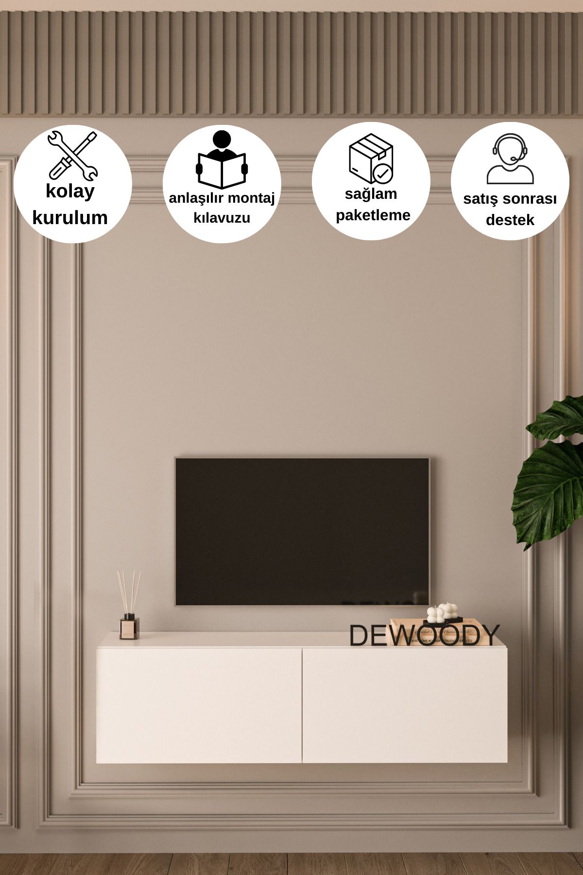DEWOODY 120 CM DUVARA MONTAJLANABİLİR DÜŞER KAPAKLI BÖLMELİ TV ÜNİTESİ