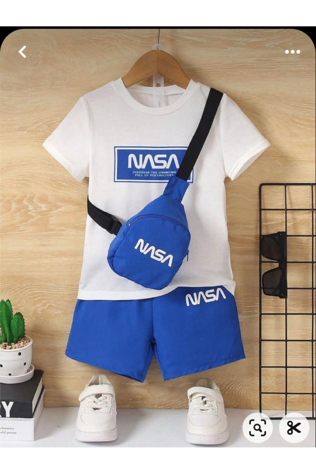 FoxSkin Sportswear&Company Nasa Tasarım Çocuk Tişört - Beyaz Baskılı Oversize Yazlık Kısa Kol T-Shirt Bisiklet Yaka