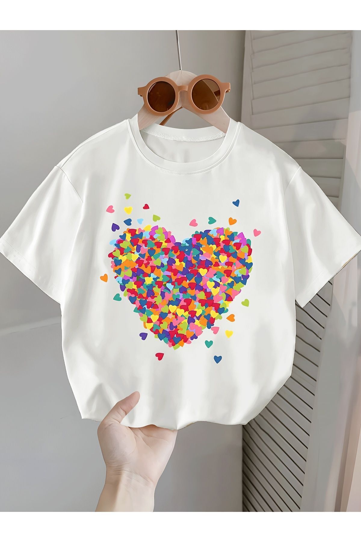 FoxSkin Sportswear&Company Renkli Kalp Çocuk Tişört - Beyaz Baskılı Oversize Yazlık Kısa Kol T-Shirt Bisiklet Yaka