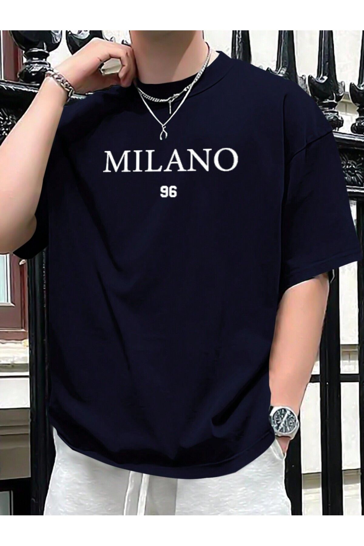 FoxSkin Sportswear&Company Milano Tişört - Lacivert Baskılı Oversize Yazlık Kısa Kol T-Shirt Bisiklet Yaka