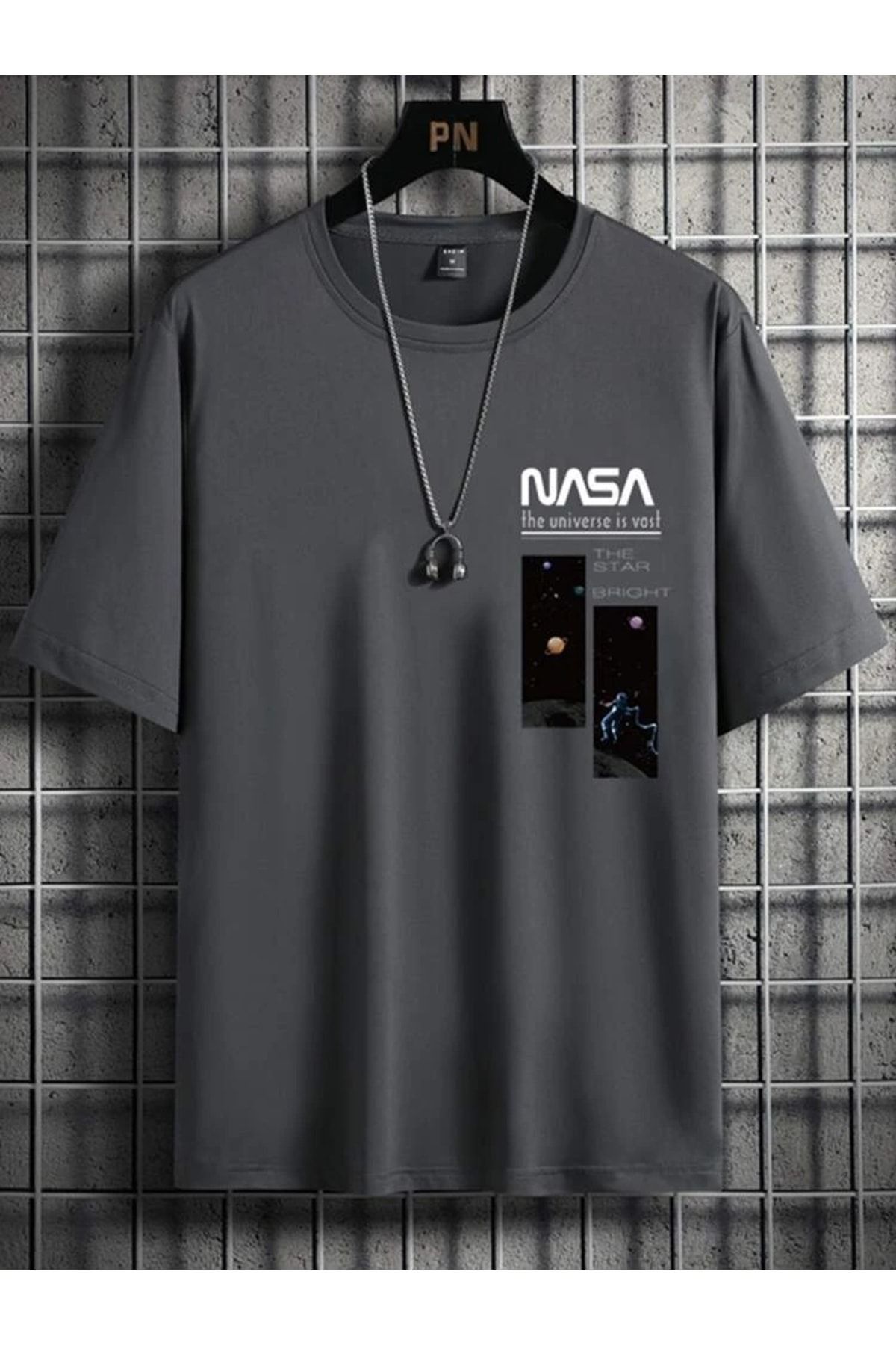 FoxSkin Sportswear&Company Nasa Bright Baskılı T-shirt - Füme Oversize Baskılı Bisiklet Yaka