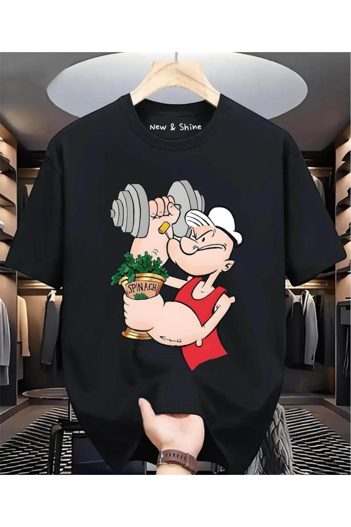 New Shine Popeye Temel Reis Baskılı Büyük Beden Oversize T-Shirt