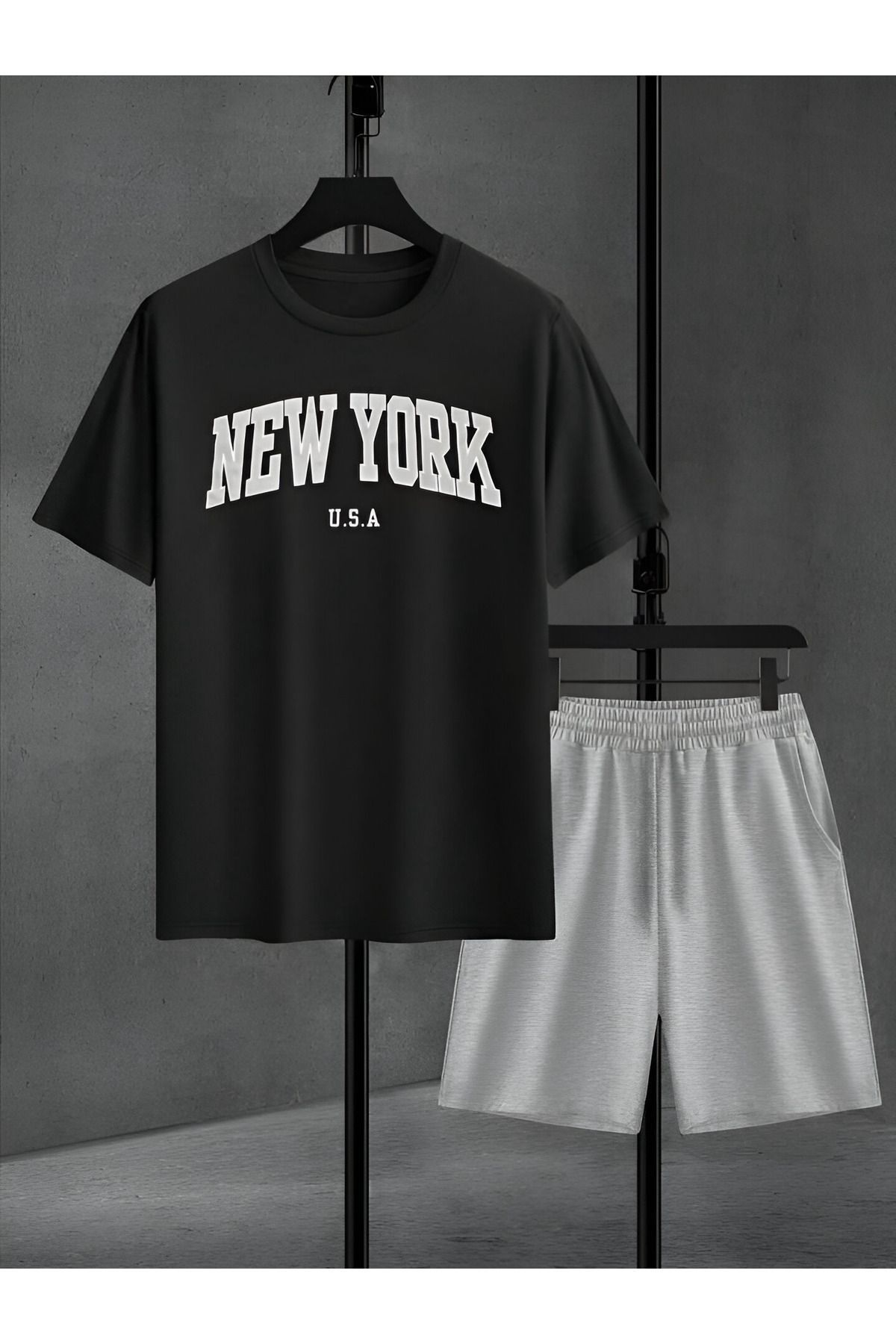 FoxSkin Sportswear&Company Siyah Gri Brooklyn 1898 T-Shirt Şort - Alt Üst Takım Şort Tişört Kombin Baskılı Bisiklet Yaka