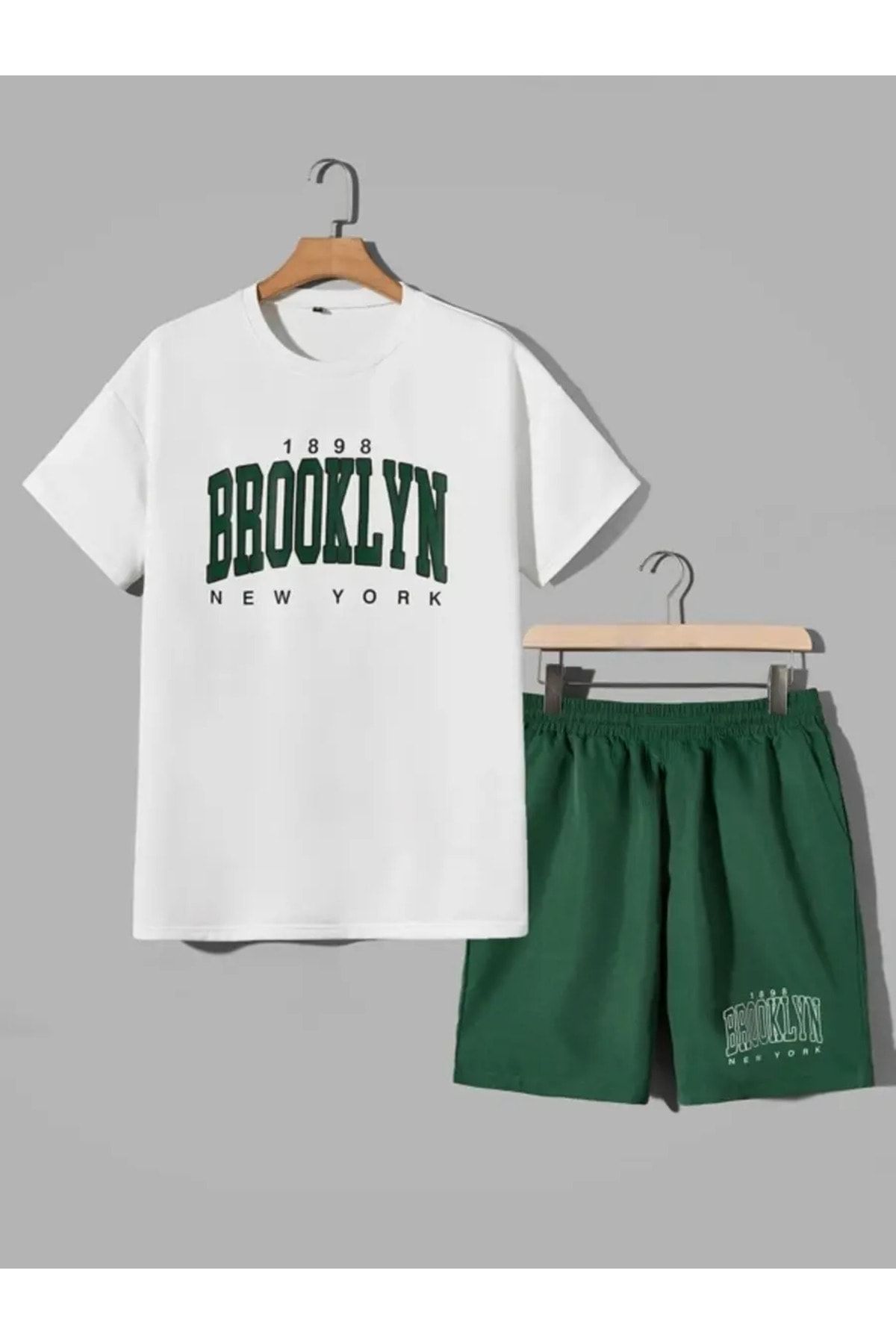 FoxSkin Sportswear&Company Beyaz Yeşil Brooklyn 1898 T-Shirt Şort - Alt Üst Takım Şort Tişört Kombin Baskılı Bisiklet Yaka