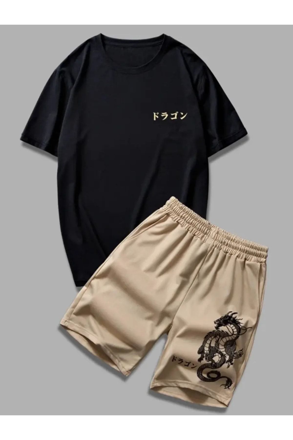 FoxSkin Sportswear&Company Bej Siyah Dragon Tasarım T-Shirt Şort - Alt Üst Takım Şort Tişört Kombin Baskılı Bisiklet Yaka