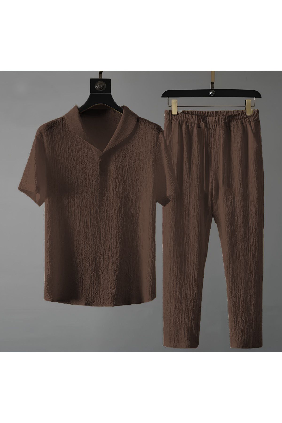 FoxSkin Sportswear&Company Bürümcük Krinkıl T-shirt Pantolon Takım - Kahverengi Regular Bebe Yaka
