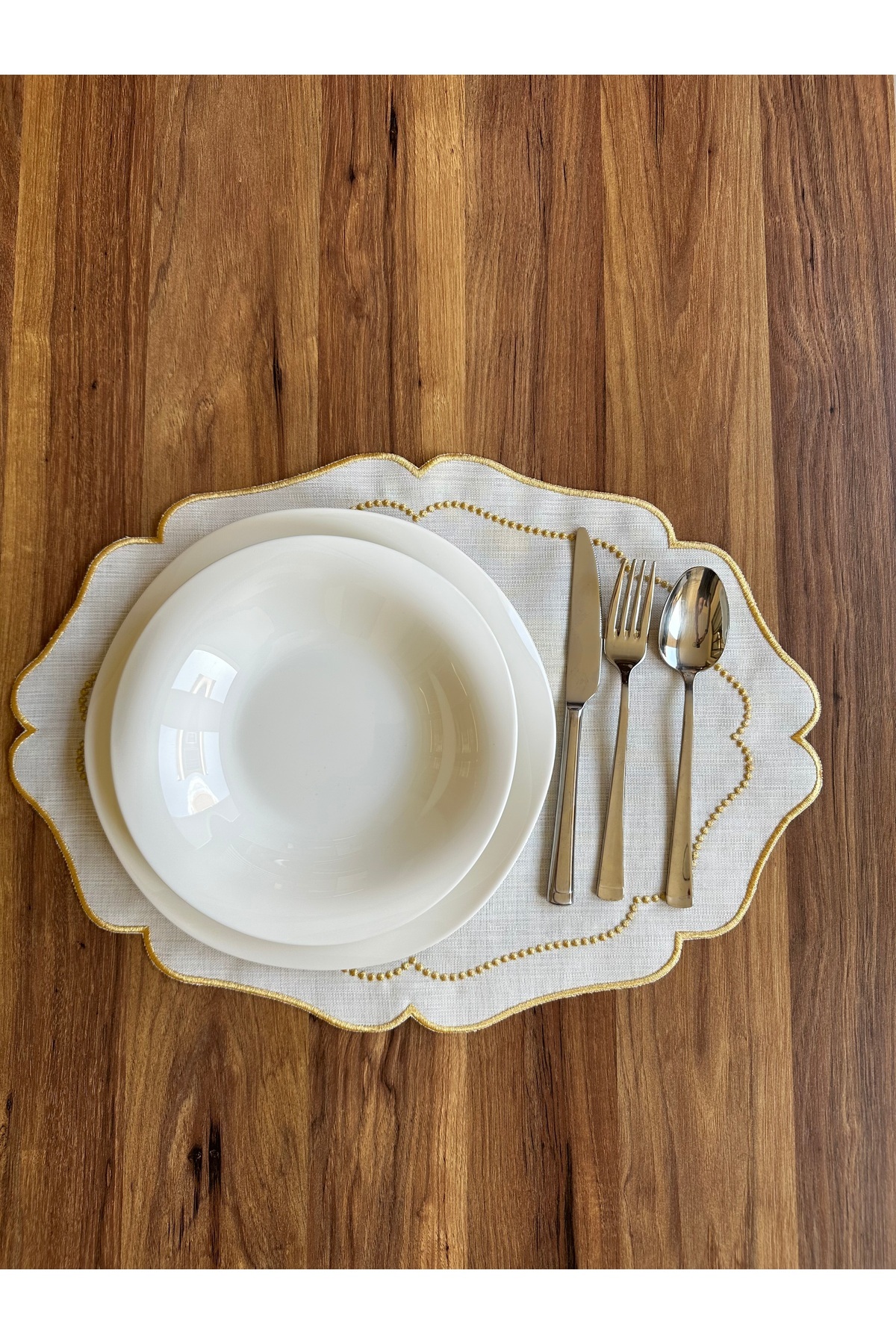 NURHAN HOME COLLECTION-2 Pieces Pearl Grain Embroidered Gold American Service Plate 5