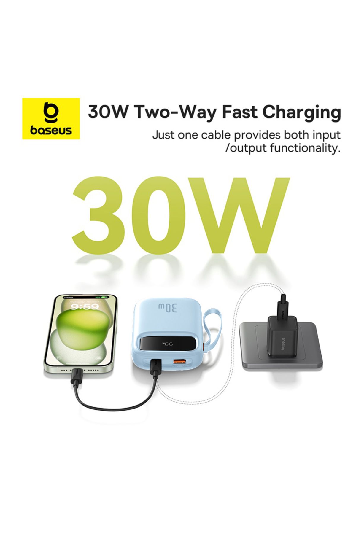 Baseus-QPow2 10000mAh 30W Power Bank with Built-in Dual Type-C Cables & Digital Display Black 2